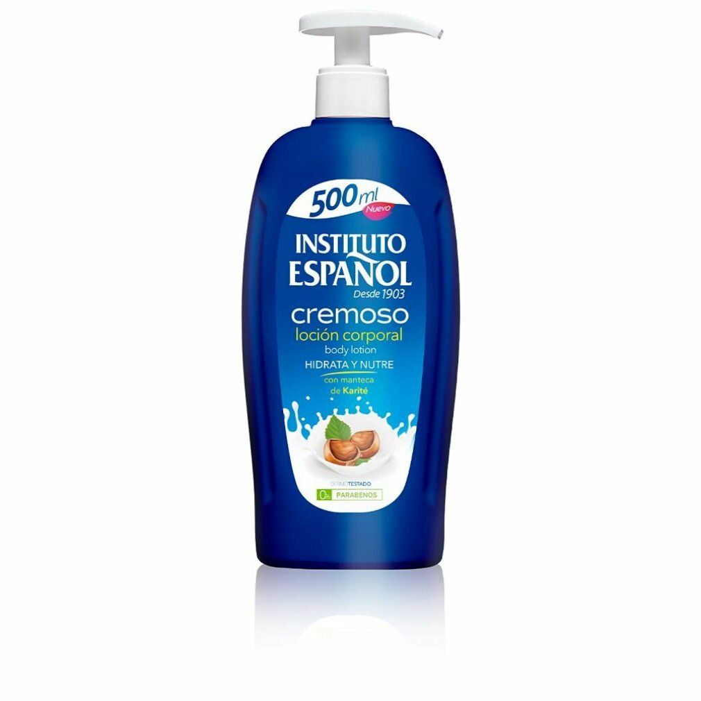 Blaue Flasche mit Lotion. Aufschrift: INSTITUTO ESPAÑOL, cremoso, loción corporal, 500 ml. Mit Shea Butter.
