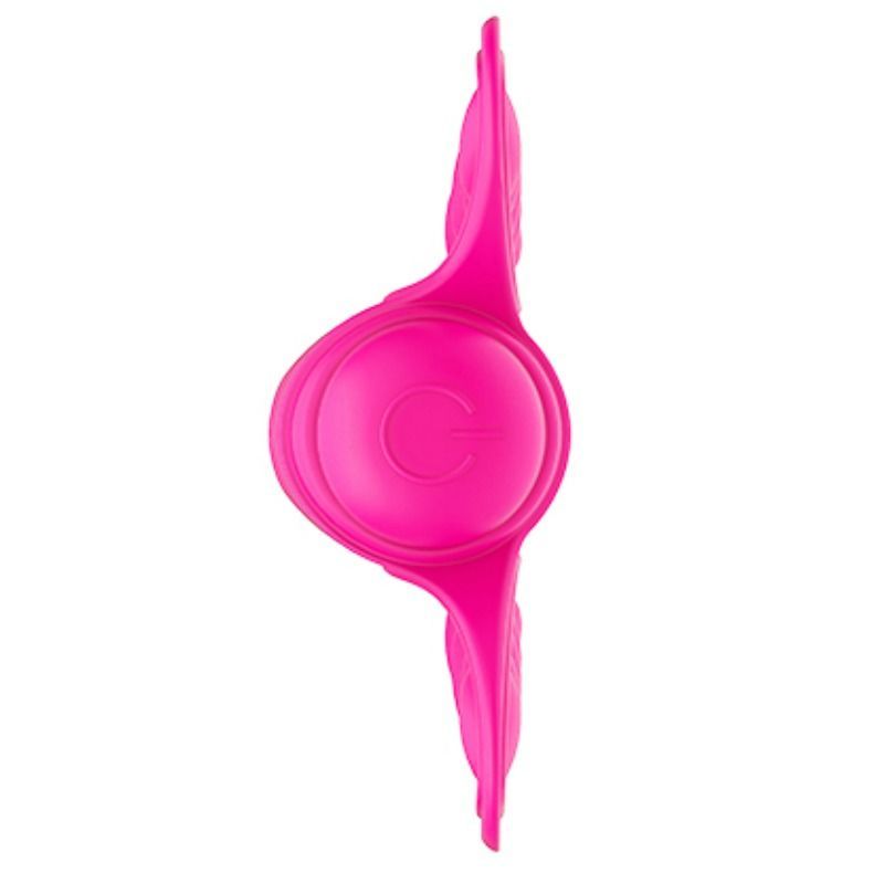 Seitenansicht eines pinken Schmetterlingsvibrators mit einem runden Knopf.