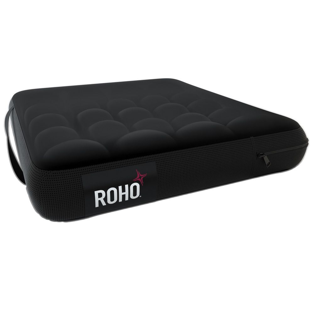 Schwarzes, aufblasbares Sitzkissen mit wabenartiger Oberfläche und seitlichem Reißverschluss. Marke: ROHO.