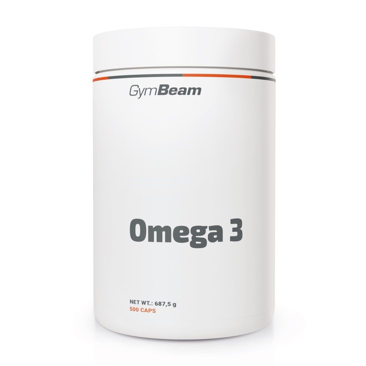 GymBeam Omega 3 Fischöl Kapseln: Weißer Behälter mit orange-grauem Logo und Aufschrift "Omega 3". 500 Kapseln.