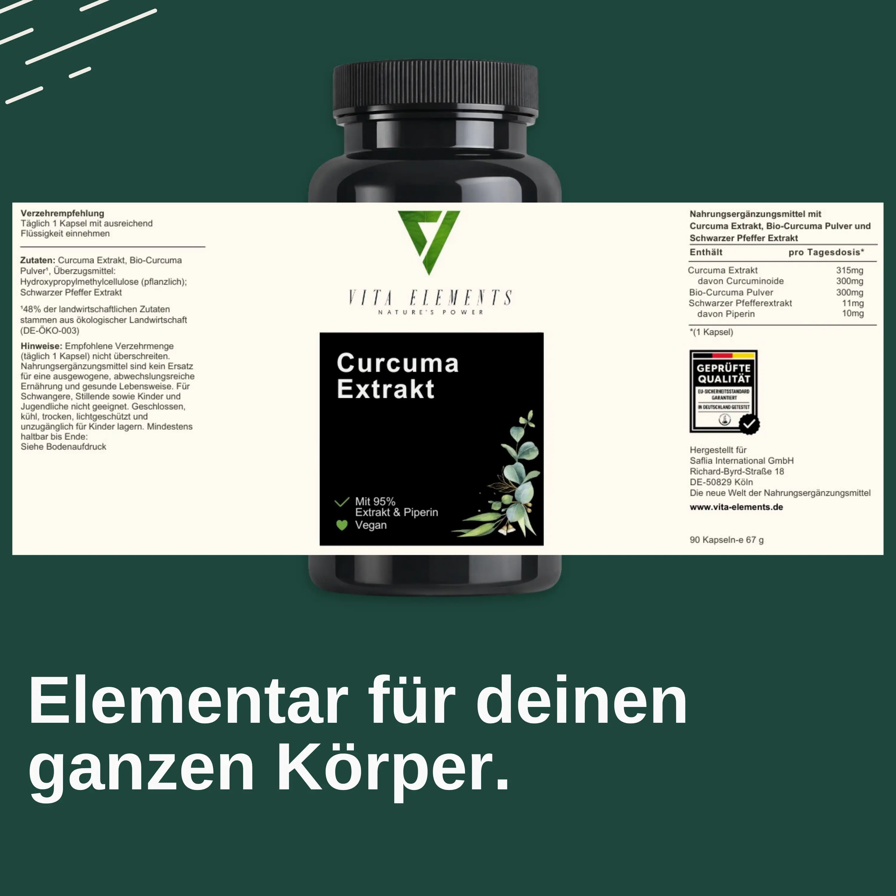 Vita Elements Curcuma Extrakt: Dose mit Etikett. Enthält 95% Extrakt & Piperin. Vegan. Geprüfte Qualität. 60 Kapseln.