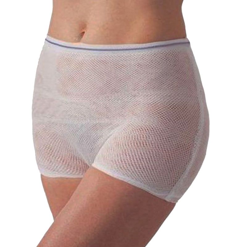 Weiße Netzhose. Elastischer Bund mit blauer Linie. Nahaufnahme, zeigt das Produkt am Körper.