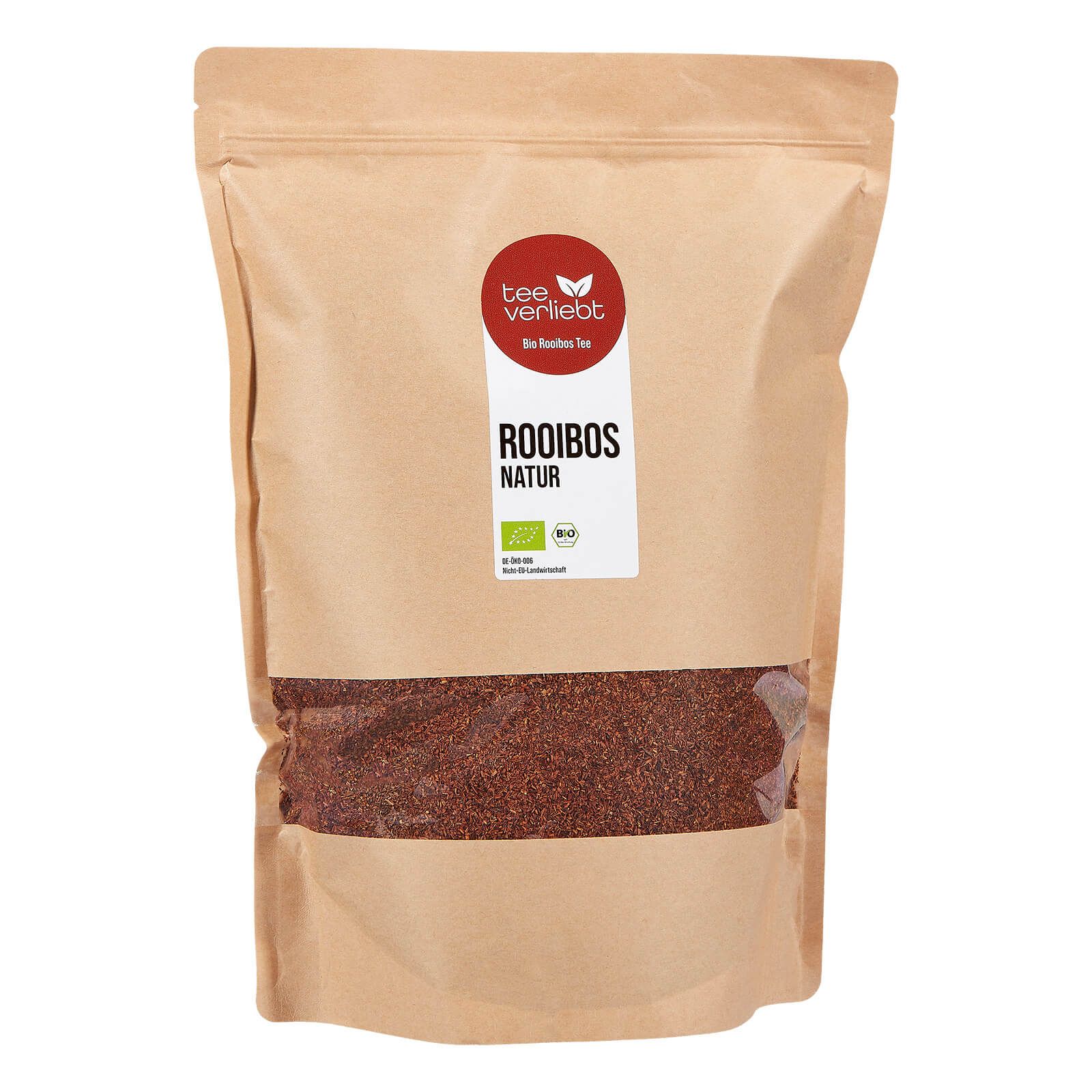 Beutel mit losem Rooibos-Tee. Sichtfenster zeigt den Inhalt. Aufkleber mit Logo und Text: Rooibos Natur, Bio-Siegel.