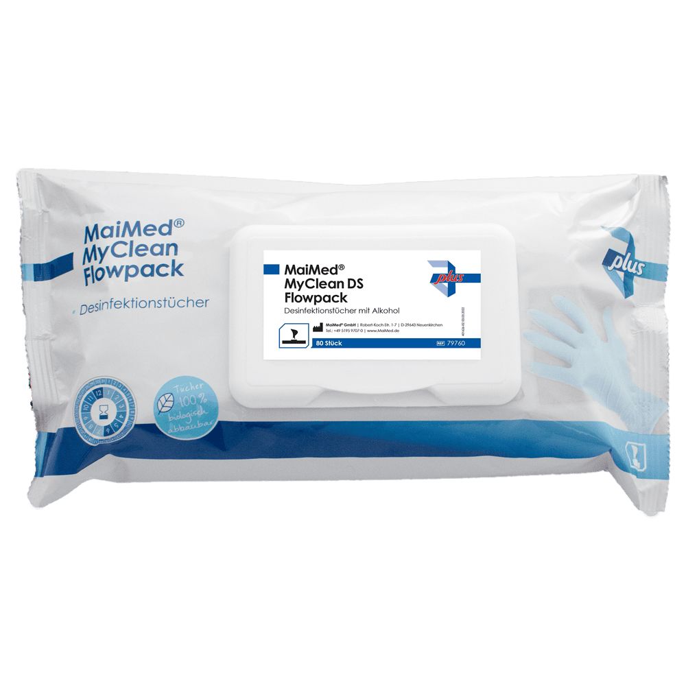 Weißes Flowpack mit Desinfektionstüchern. Aufdruck: MaiMed MyClean DS Flowpack. Enthält 80 Tücher. Mit Alkohol.