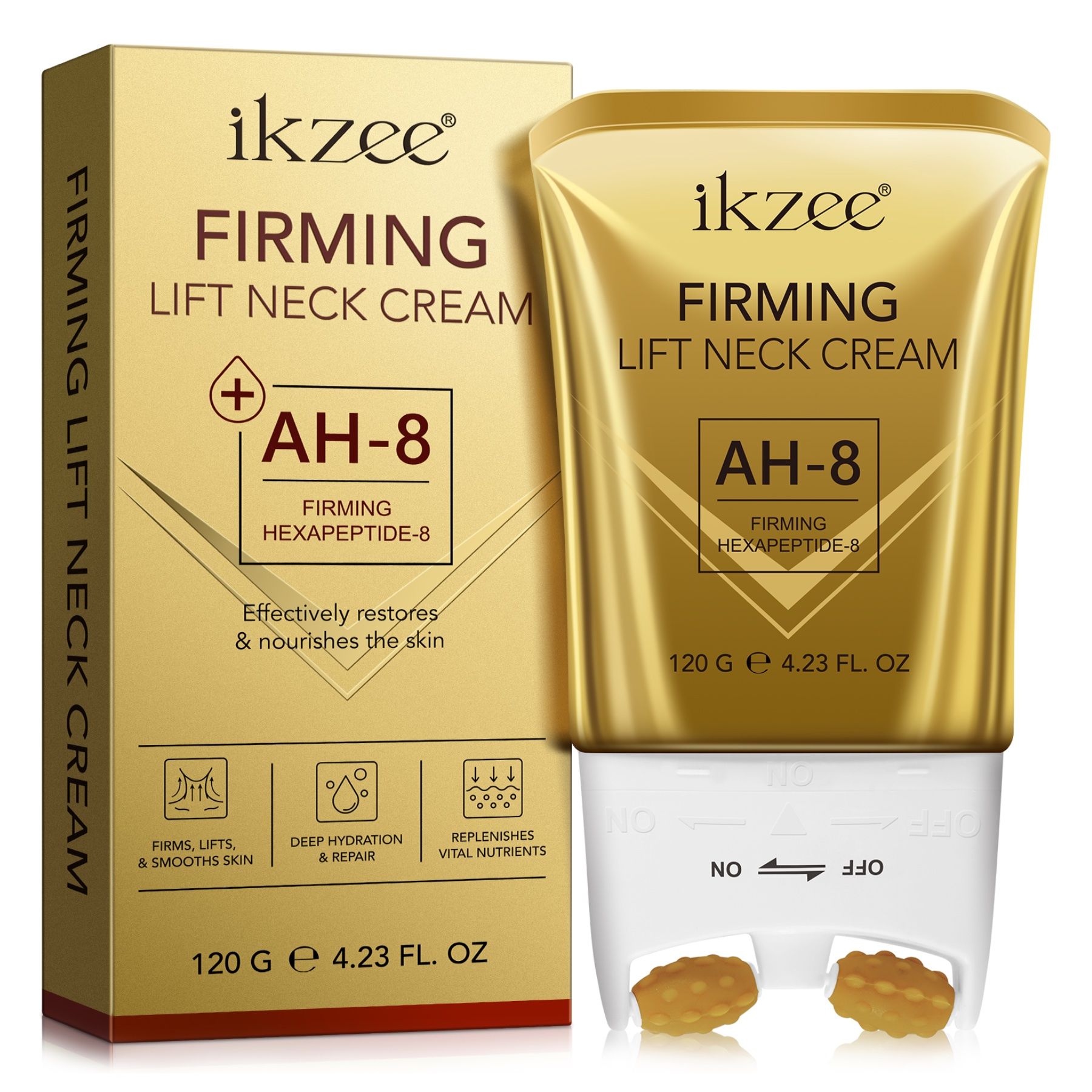 Goldfarbene Creme-Tube und Verpackung. Text: ikzee, Firming Lift Neck Cream AH-8. Mit AH-8 Hexapeptide-8.