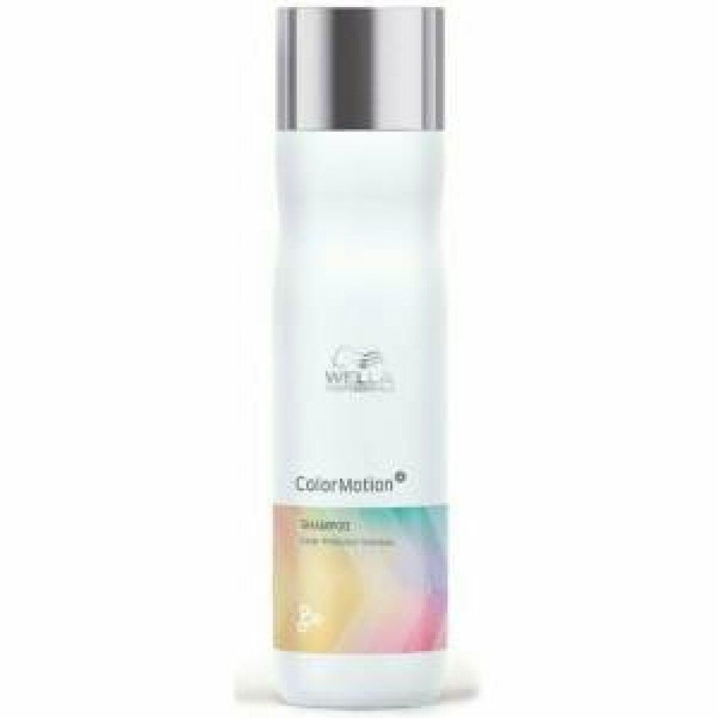 Weiße Shampoo-Flasche mit silbernem Deckel. Aufkleber mit Farbverlauf und Schriftzug ColorMotion und Shampoo.