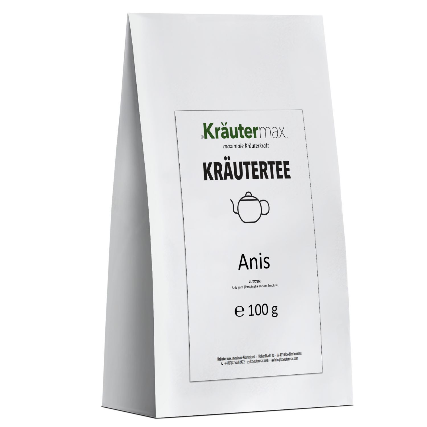 Weiße Kräutertee-Verpackung mit Logo und Text. Text: Anis, e 100 g.