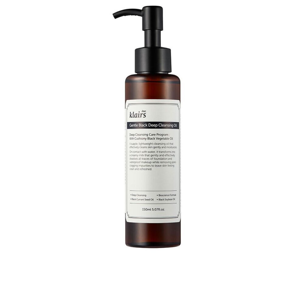 Braune Flasche mit schwarzem Pumpverschluss. Aufkleber mit Text. Produktname: Gentle Black Deep Cleansing Oil.