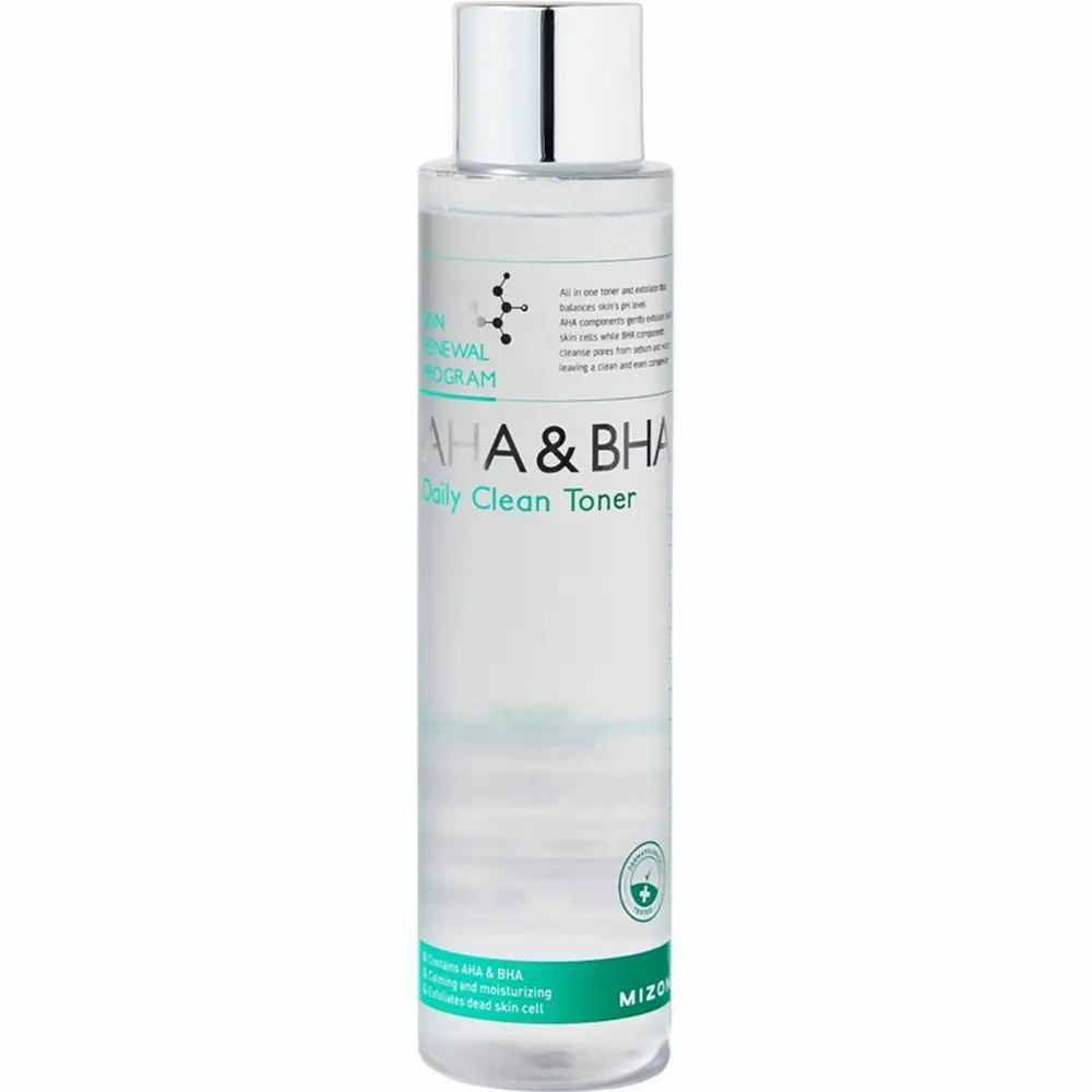 Klarer Gesichtstoner in einer zylindrischen Flasche mit silbernem Deckel. Text: AHA & BHA Daily Clean Toner. Grün-weiße Etikettierung.