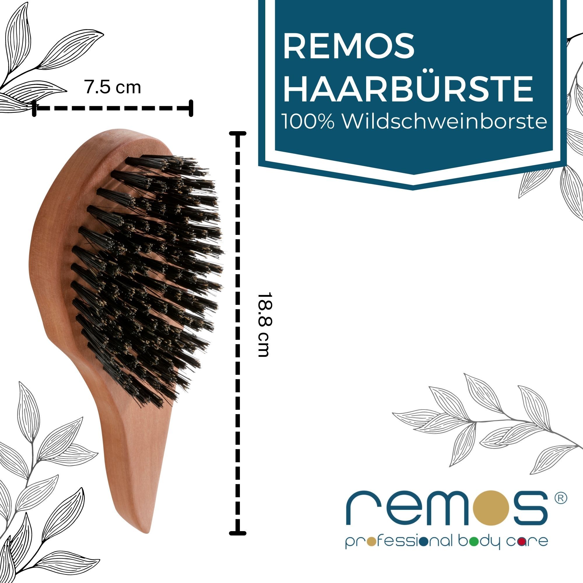 REMOS Haarbürste, 18,8 cm lang, 7,5 cm breit, mit 100% Wildschweinborsten.