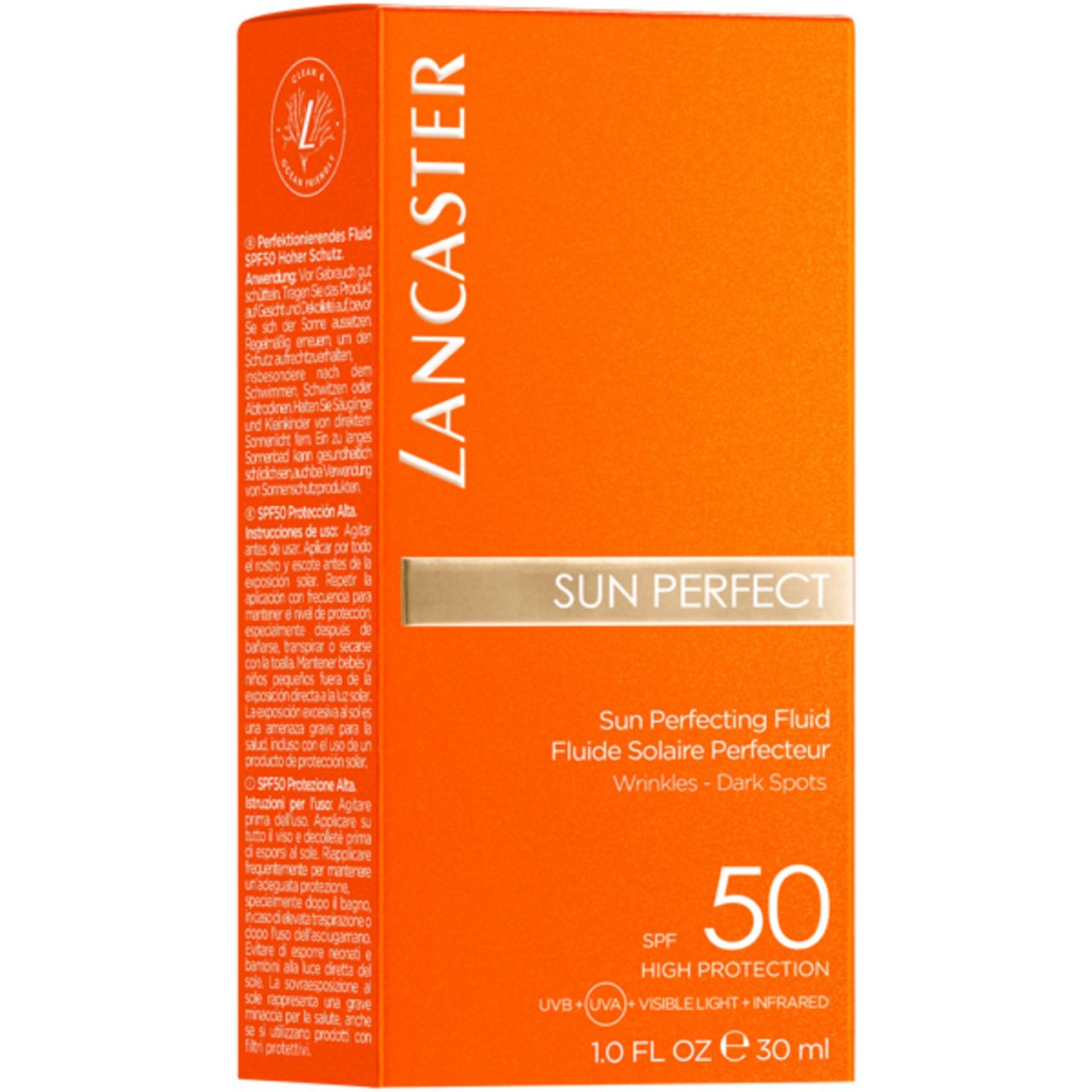 Orangefarbene Schachtel mit Produktinformationen. Aufschrift: Lancaster Sun Perfect 50 SPF. Text: Fluide Solaire Perfecteur, Wrinkles - Dark Spots.