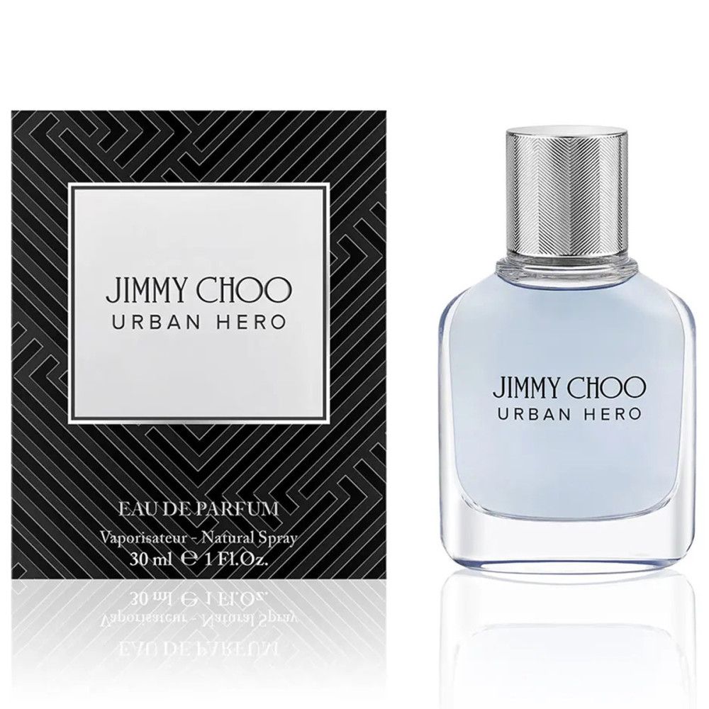 Flakon und Verpackung. Flakon mit silbernem Deckel, Aufschrift: JIMMY CHOO URBAN HERO. Verpackung schwarz-weiß.