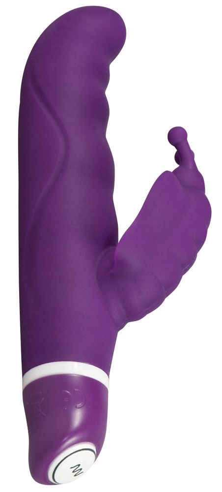 Lila Vibrator mit gebogener Spitze und Flügelform. Weißer Ring am unteren Ende. Auf weißem Hintergrund.