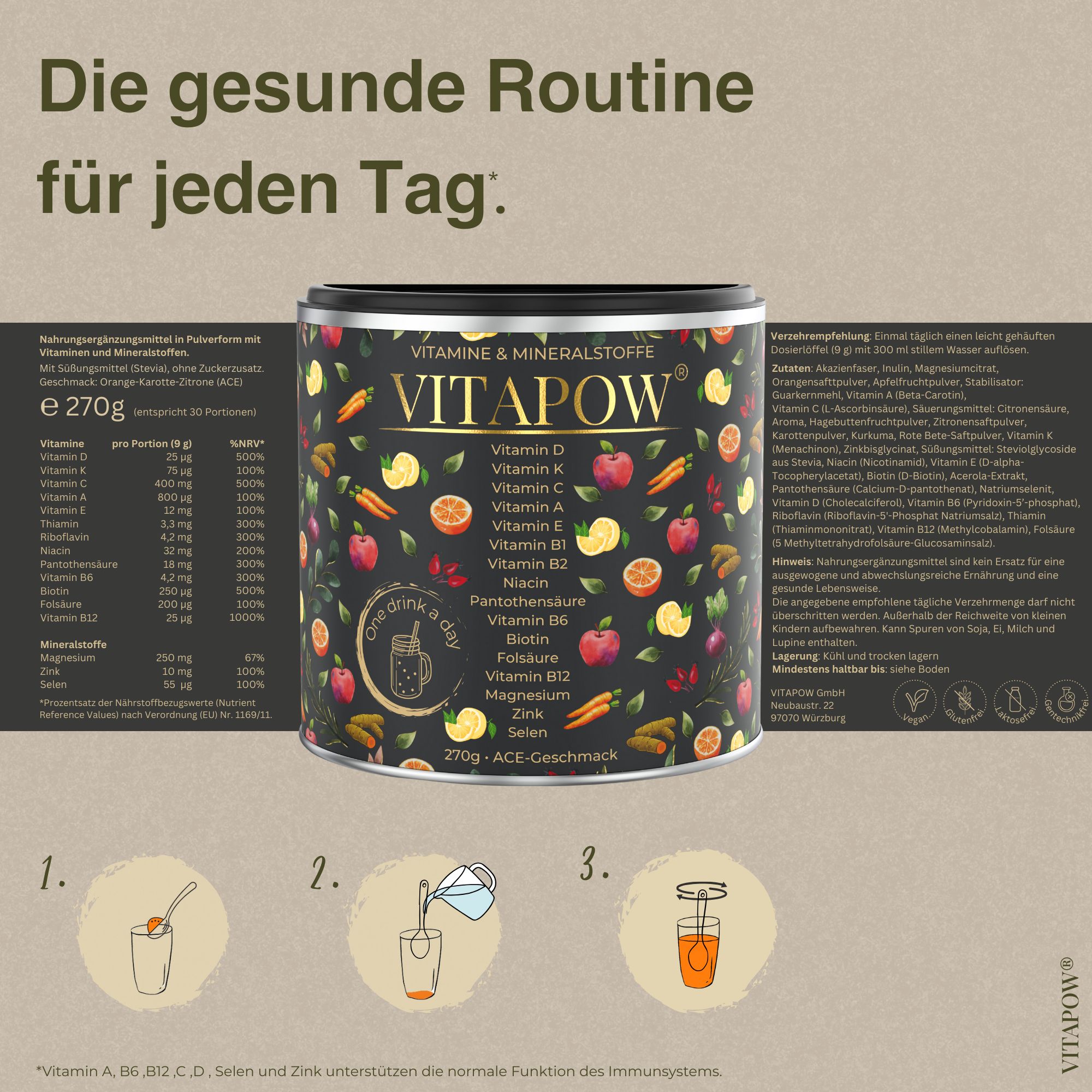 Dose mit Vitapow-Produkt, daneben ein Glas mit Getränk. Text: Vitamine & Mineralstoffe, 270g, ACE-Geschmack. 3 Schritte zur Zubereitung.