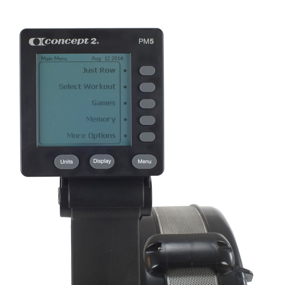 Nahaufnahme des PM5-Monitors eines Concept2 RowErg. Menü: Just Row, Select Workout, Games, Memory, More Options. Datum.