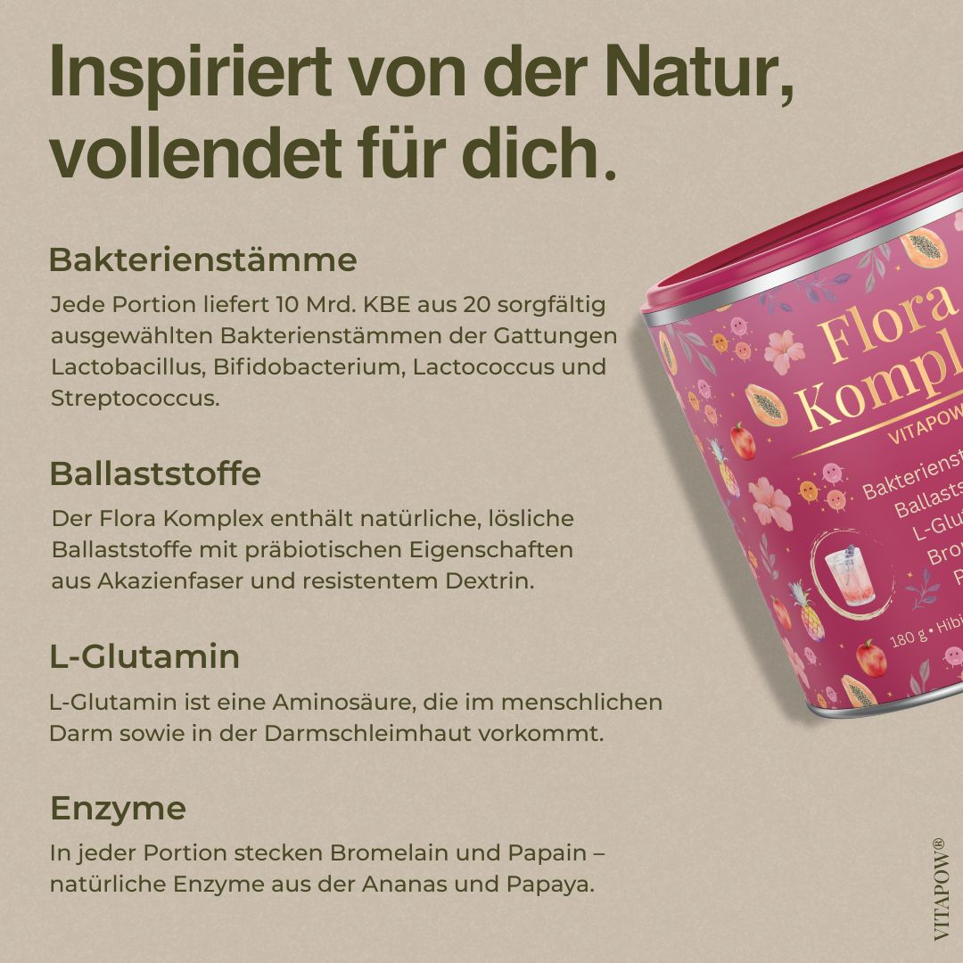 Rosa Dose mit Produkt. Text: Flora Komplex, Vitapow. Enthält Bakterienstämme, Ballaststoffe, L-Glutamin, Bromelain, Papain.