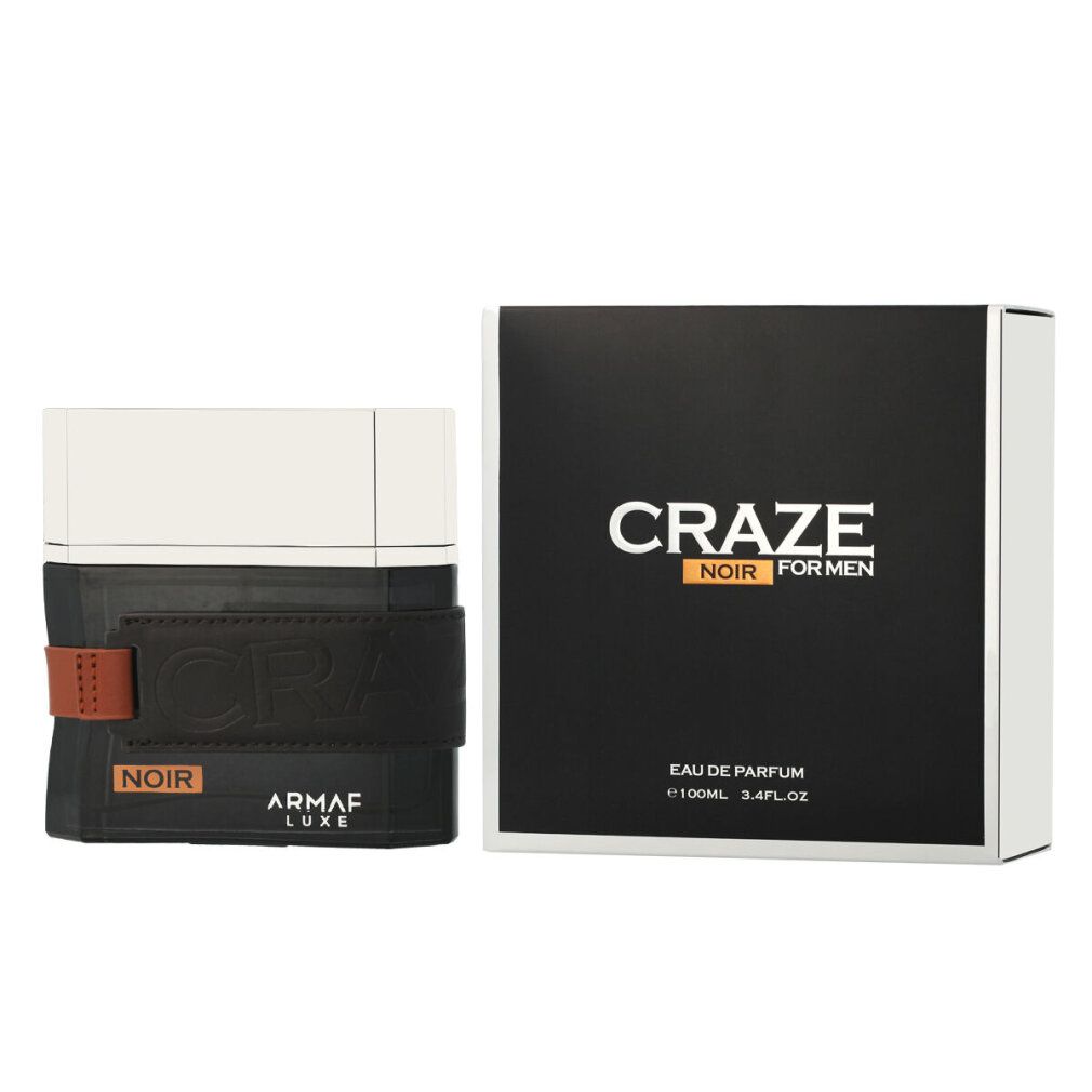 Schwarzer Flakon mit Lederband und braunem Akzent. Schwarze Verpackung mit Produktnamen und Logo. "Eau de Parfum"-Angabe.