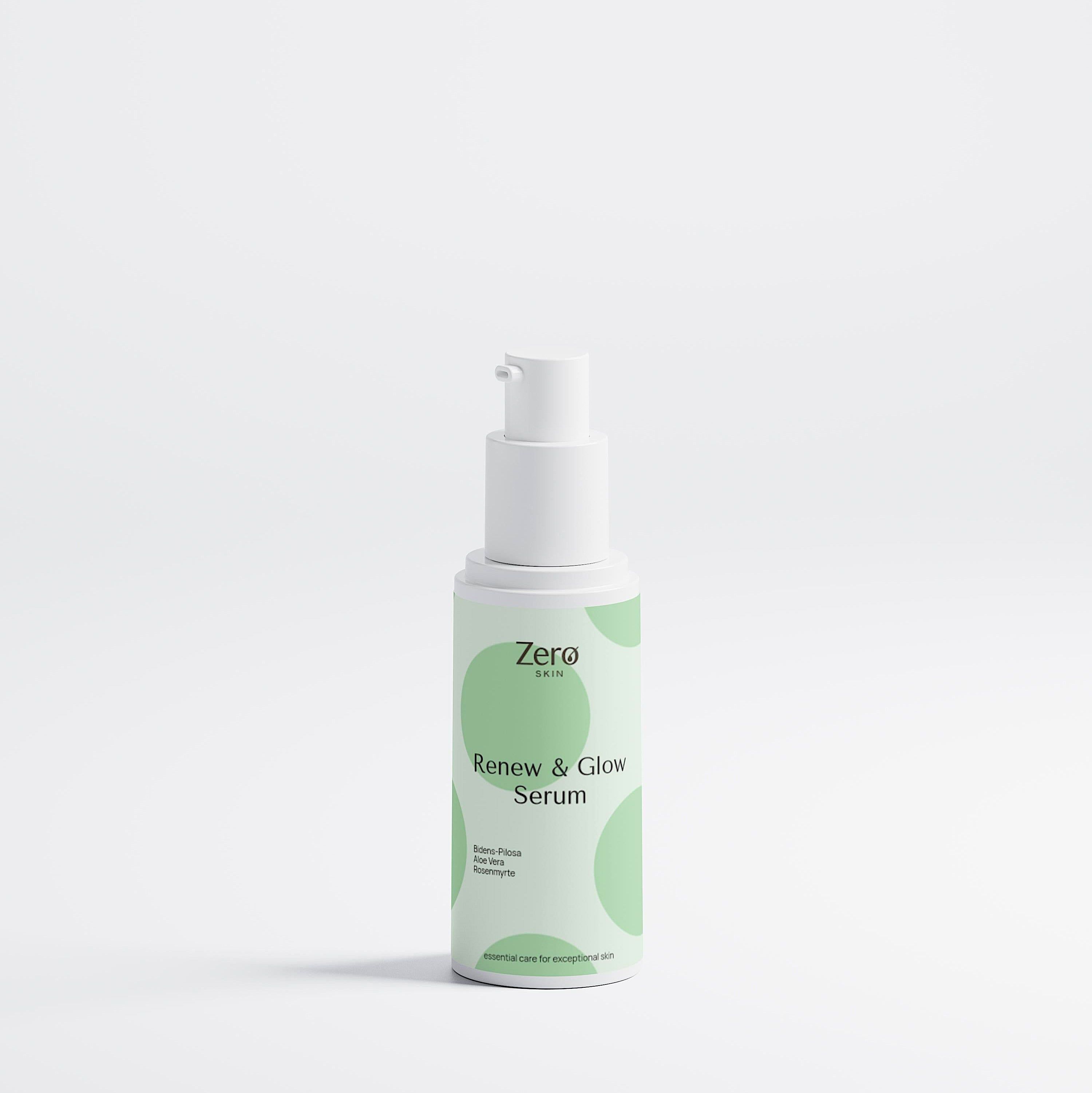 Eine Flasche Zero Skin Renew & Glow Serum. Grün und weiß. Mit Pumpaufsatz. Aufschrift: Zero Skin.