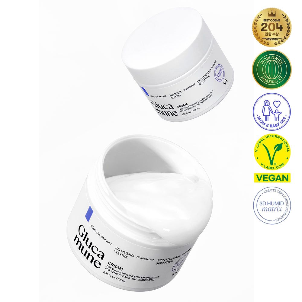 Zwei weiße Cremetiegel mit Deckel. Aufschrift Glucamune Cream. Vegan-Siegel und andere Zertifizierungen.