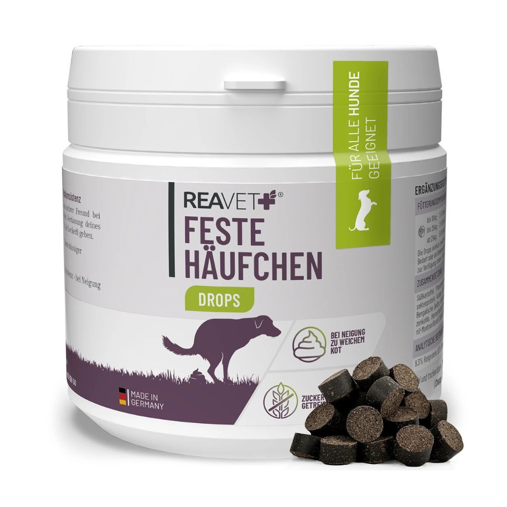 Weiße Dose mit Drops. Text: ReaVET Feste Häufchen Drops. Für alle Hunde geeignet. Made in Germany.