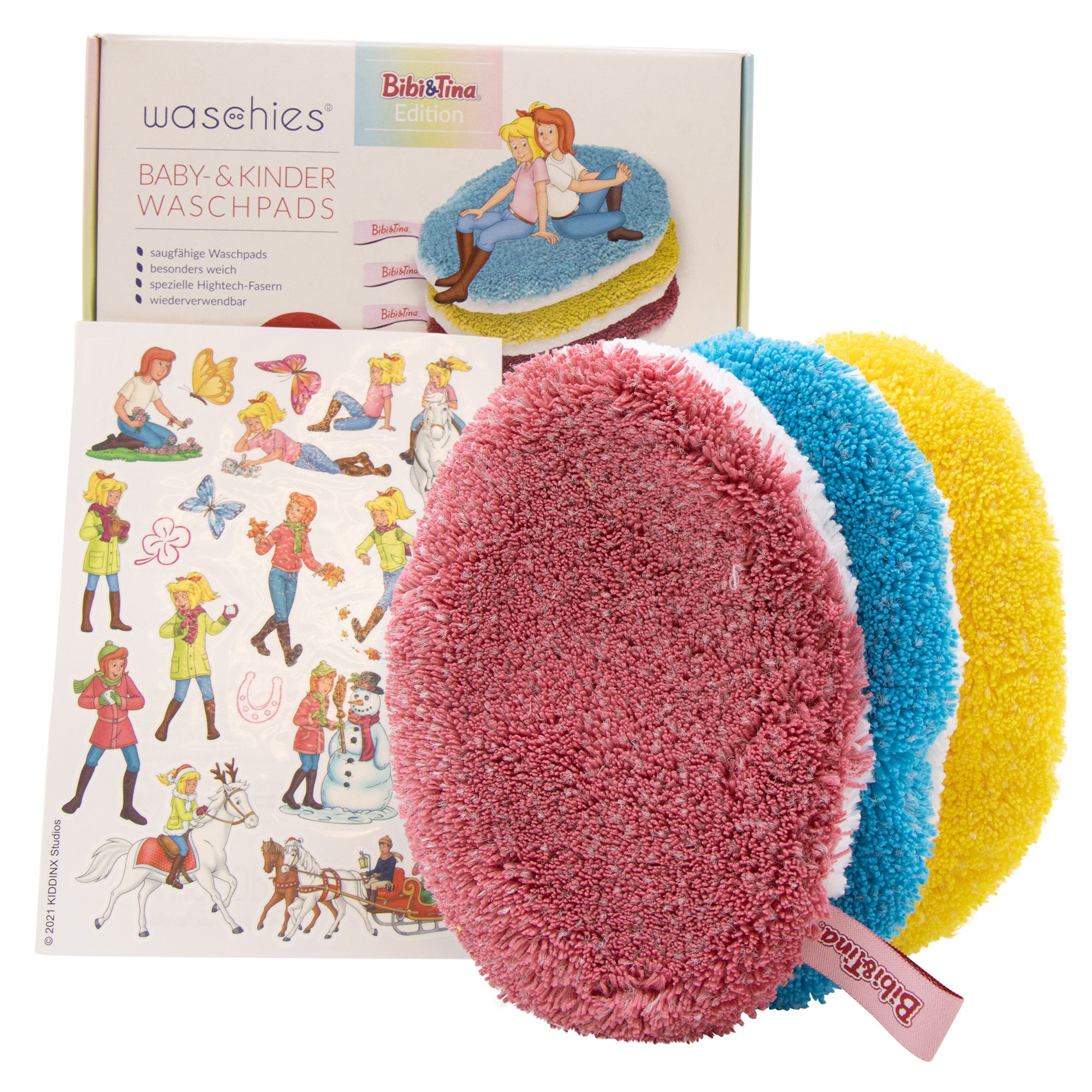 Set mit drei farbigen Waschpads und Aufklebern. Die Pads sind rosa, blau und gelb. Auf der Verpackung steht "waschies Bibi & Tina Edition".