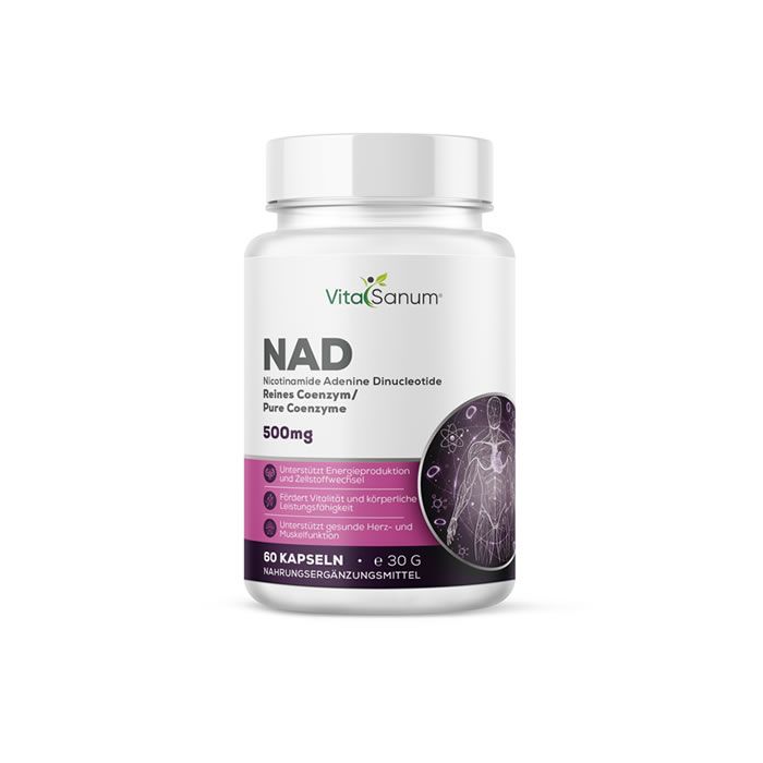 Weißes Plastikfläschchen mit weißem Deckel. Aufschrift: VitaSanum, NAD, 500mg. Enthält 60 Kapseln. Abbildung eines menschlichen Körpers.