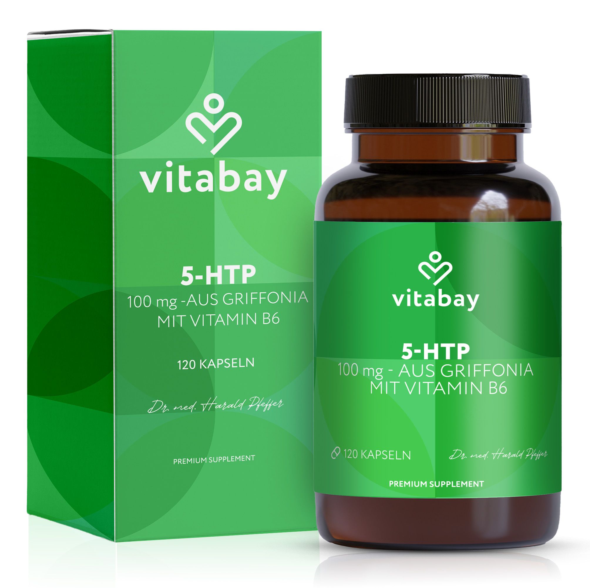 Grüne Produktverpackung und braune Flasche. Aufschrift: Vitabay, 5-HTP, 100 mg, 120 Kapseln. Premium Supplement.