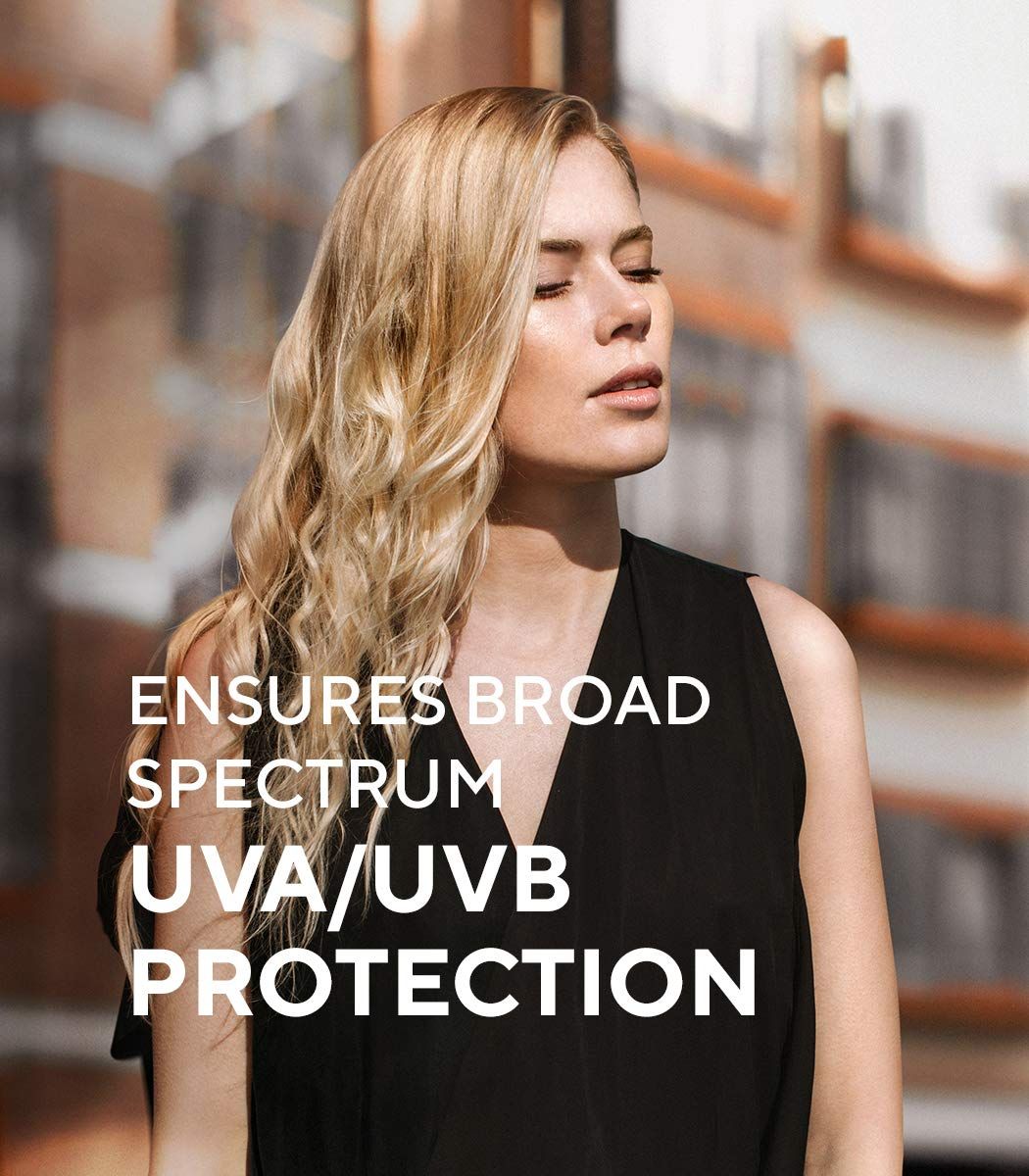 Frau mit blonden Haaren, Augen geschlossen. Text: Ensures Broad Spectrum UVA/UVB Protection.
