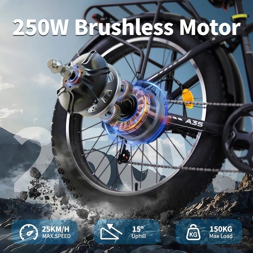 Nahaufnahme des Hinterrads eines Elektrofahrrads. Zeigt Motor, Zahnräder und technische Daten. Text: 250W Motor, 25KM/H, 15° Uphill, 150KG Max Load.