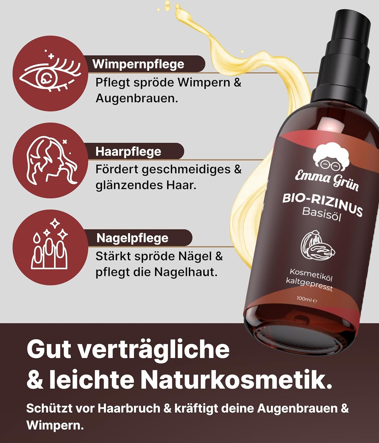 Flasche mit schwarzem Sprühkopf. Aufschrift: Emma Grün Bio-Rizinus Basisöl. Anwendungsbeispiele: Wimpern-, Haar- und Nagelpflege. Kaltgepresst.