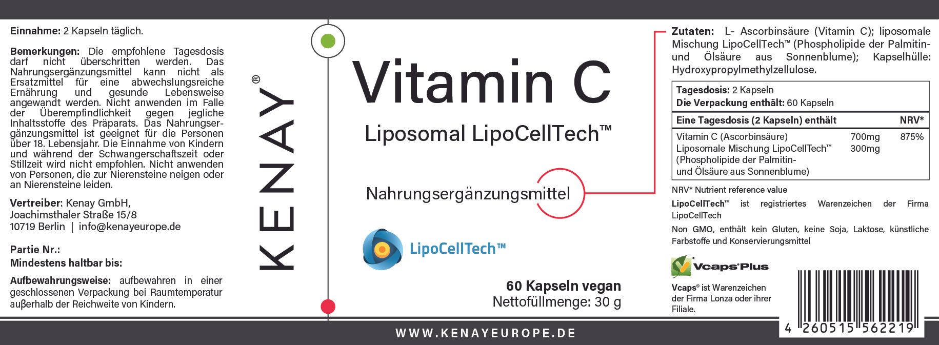Etikett mit Text: "Vitamin C Liposomal LipoCellTech™", "KENAY®", Inhaltsstoffe, Nährwertangaben, 60 Kapseln, vegan.