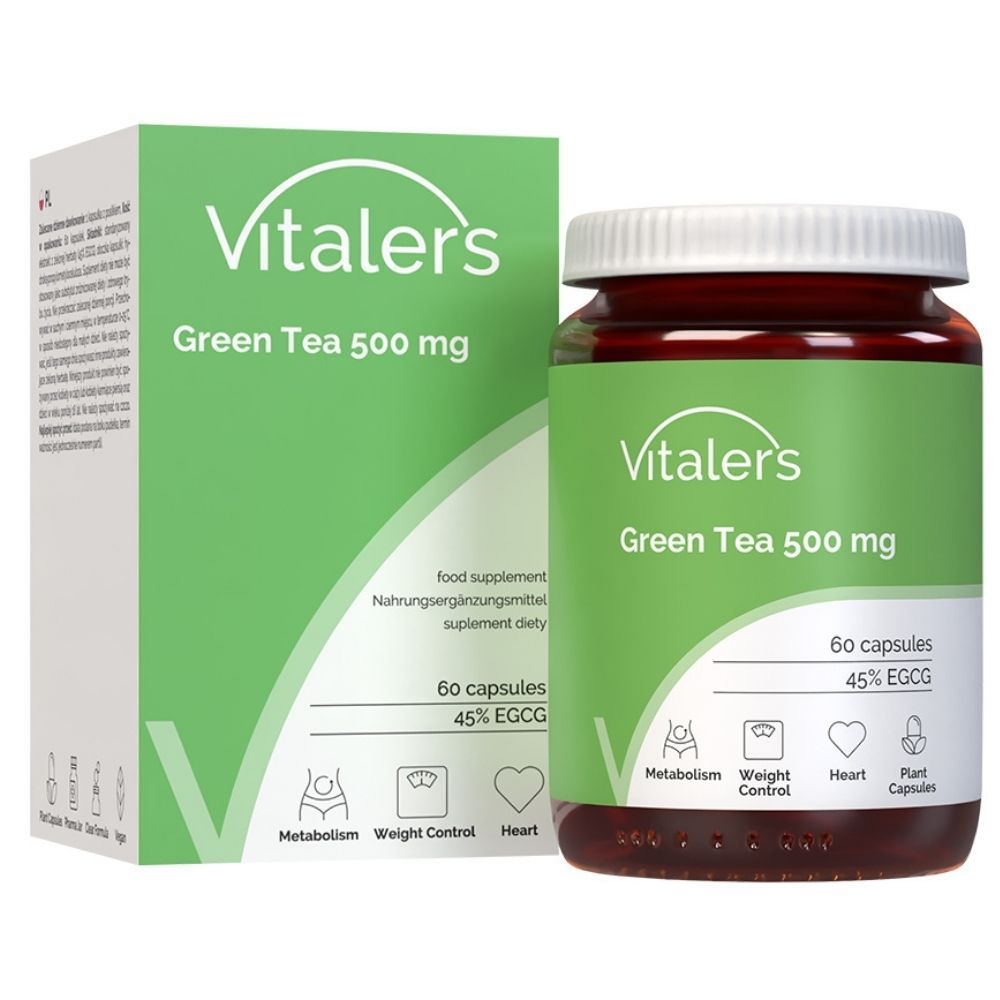 Vitaler's Green Tea 500 mg Kapseln und Verpackung. Enthält 60 Kapseln mit 45% EGCG.