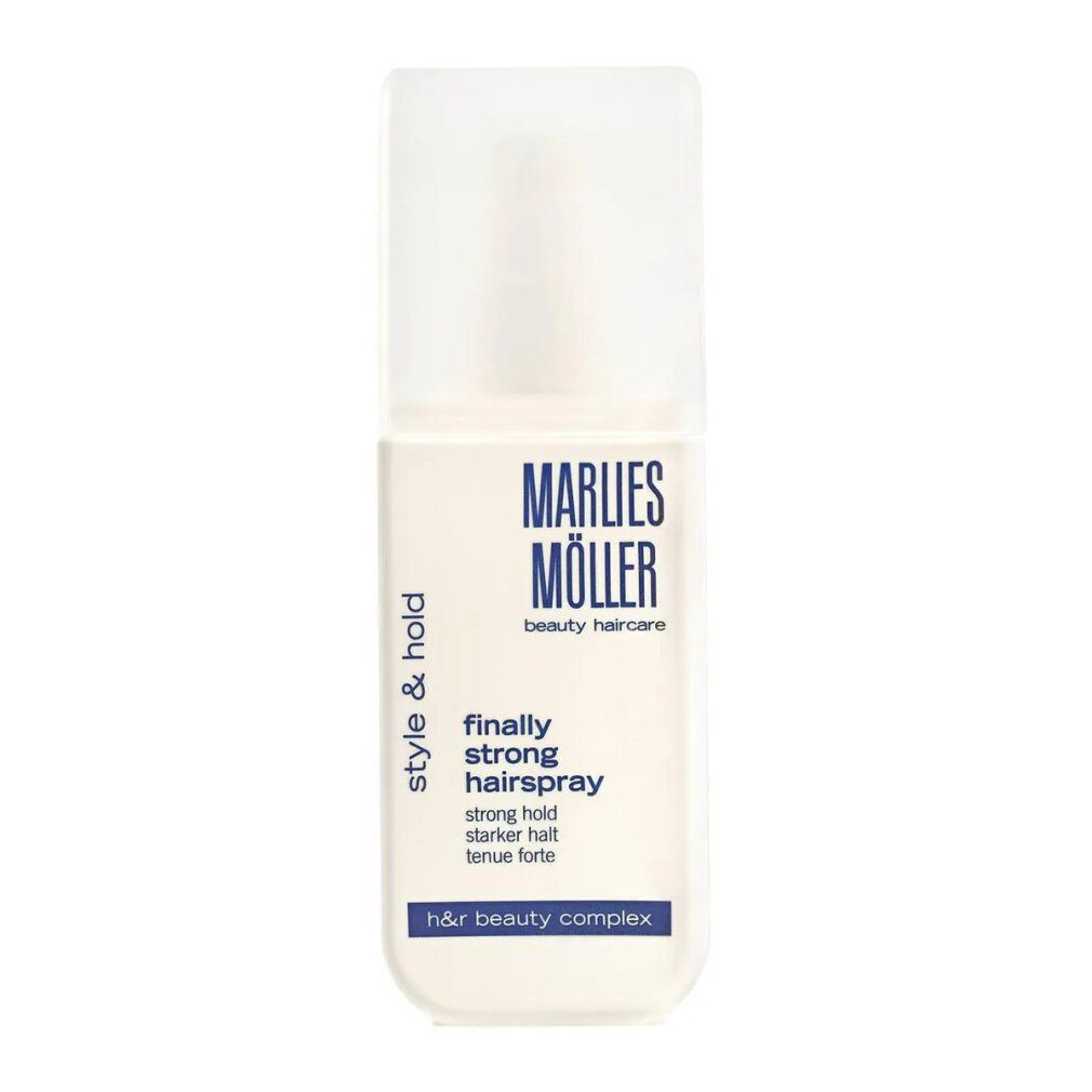 Haarspray von Marlies Möller. Weißer Behälter mit blauem Aufdruck. Aufschrift: finally strong hairspray.