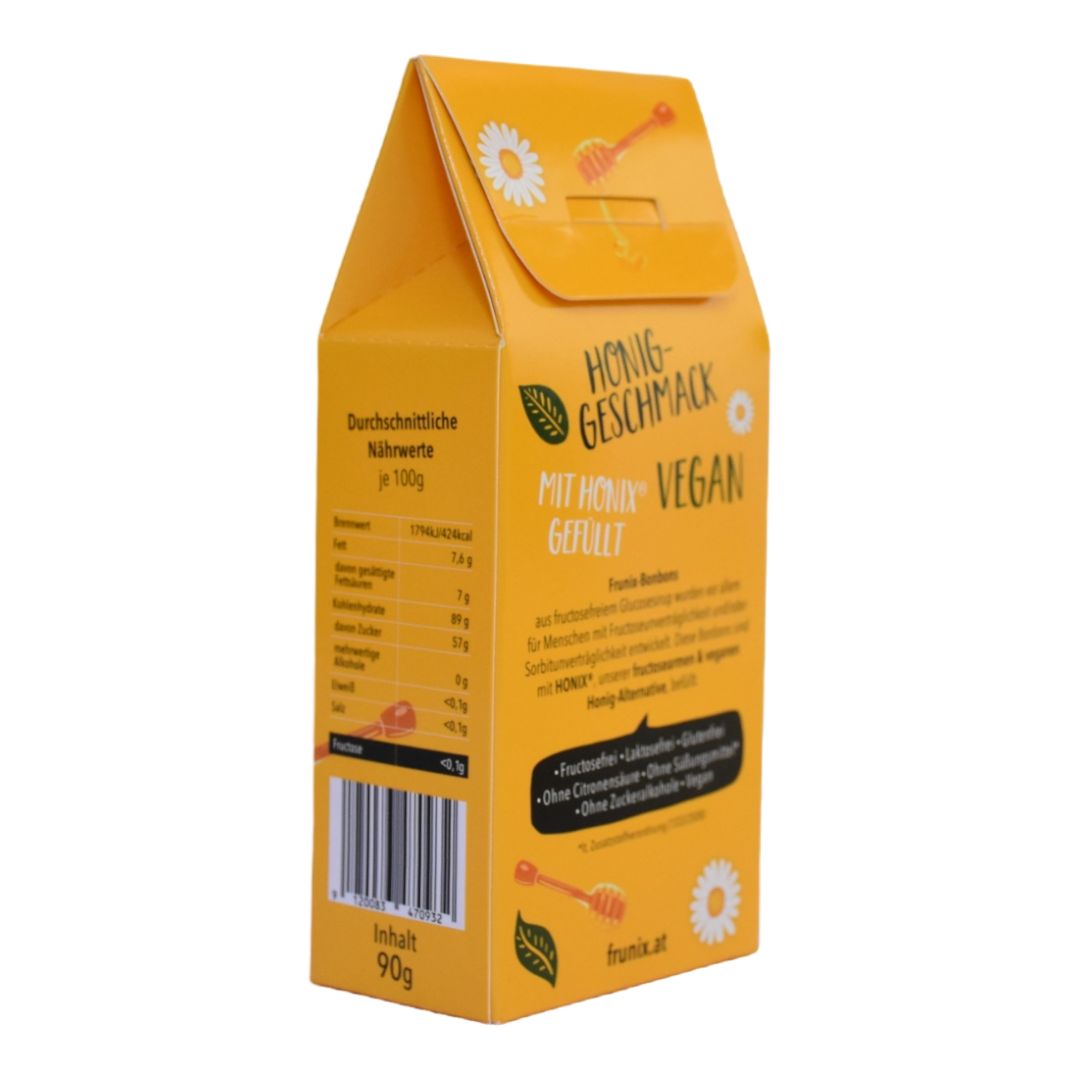 Rückseite der Verpackung. Honig-Geschmack, vegan gefüllt. Nährwerttabelle und Informationen zu Inhaltsstoffen.