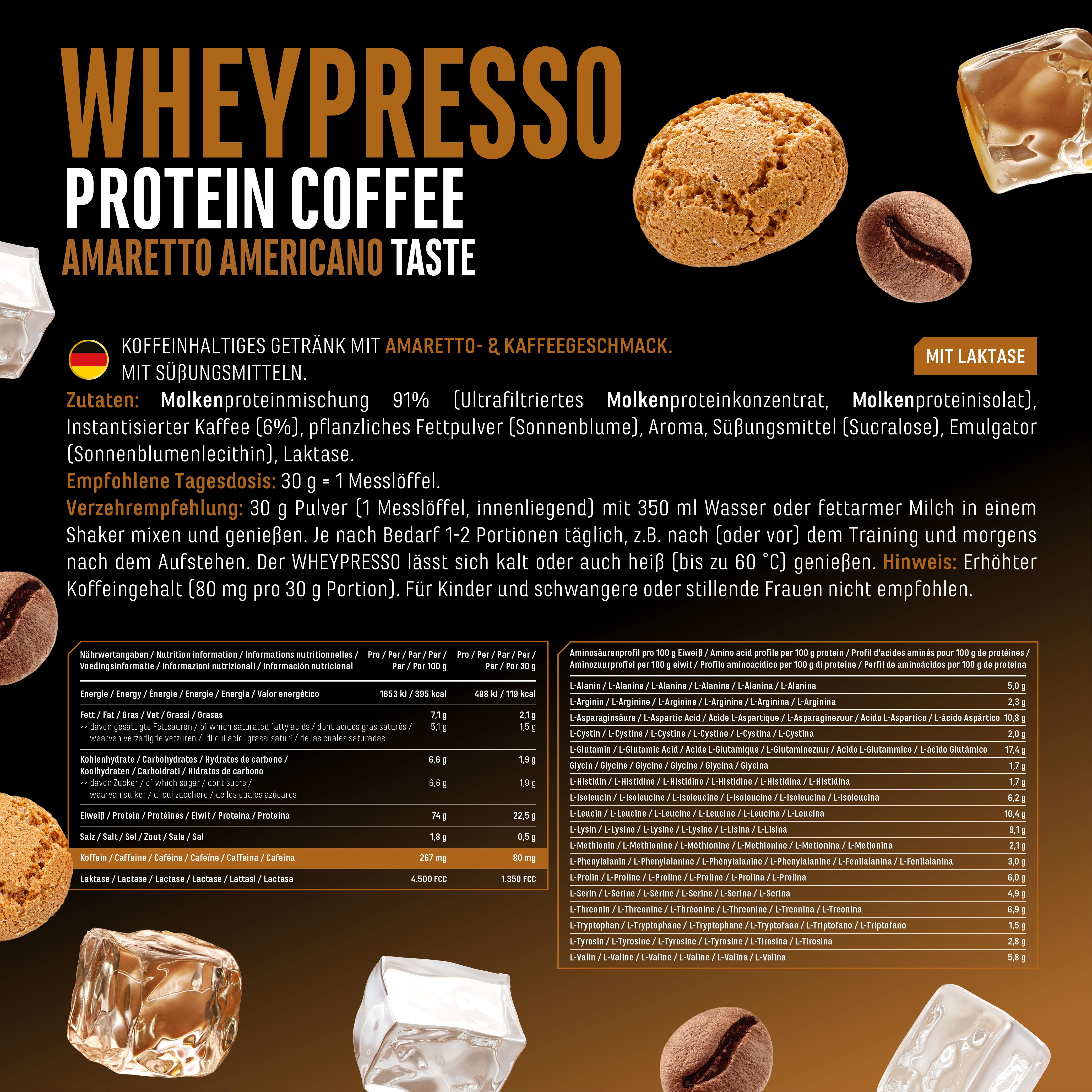 Produktinformationen von Wheypresso Protein Coffee. Text in Deutsch, Zutaten, Nährwerte, Zubereitung. Mit Messlöffel.