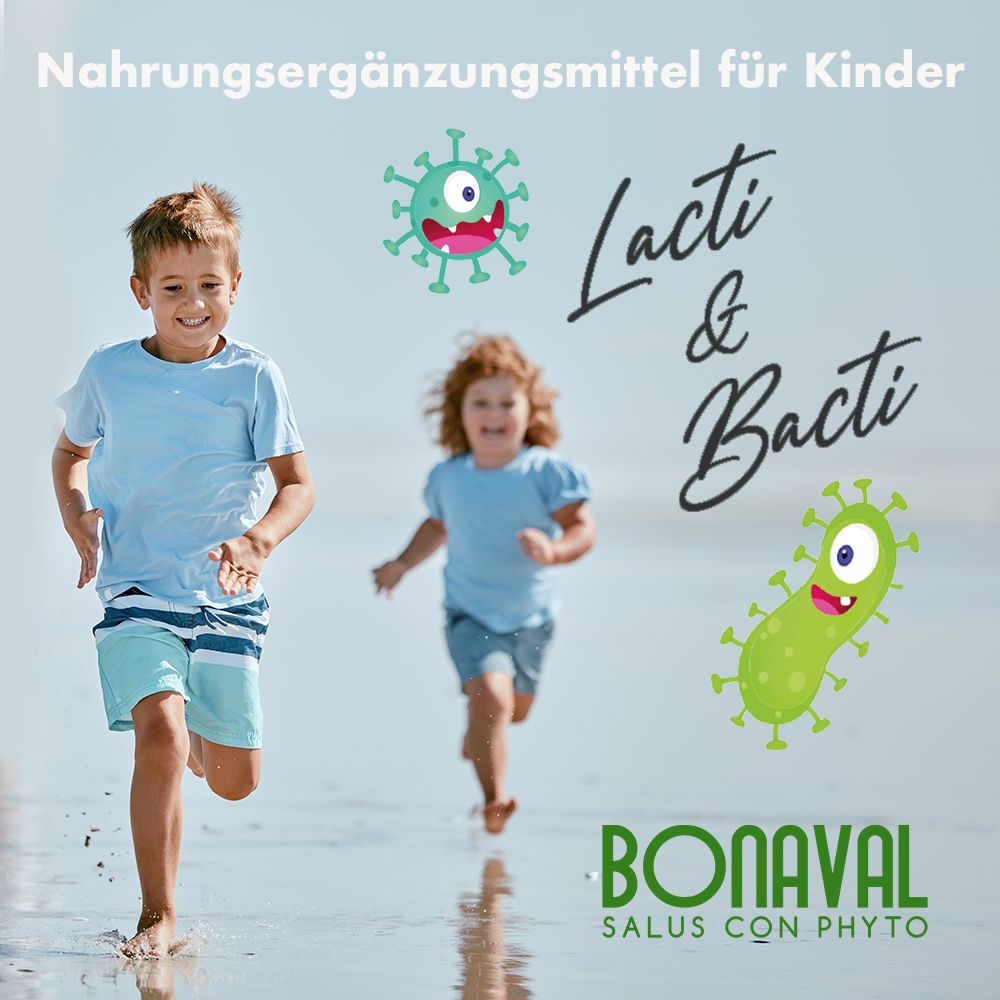 Zwei Kinder rennen am Strand. Text: Lacti & Bacti. BONAVAL SALUS CON PHYTO. Nahrungsergänzungsmittel für Kinder. Illustrationen.