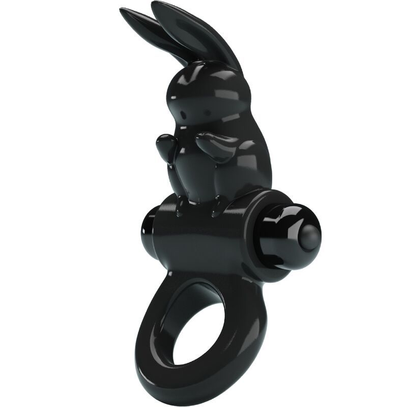 Schwarzer Penisring mit Hasen-Design. Ringförmig mit Vibrationskopf und Hasen-Aufsatz.