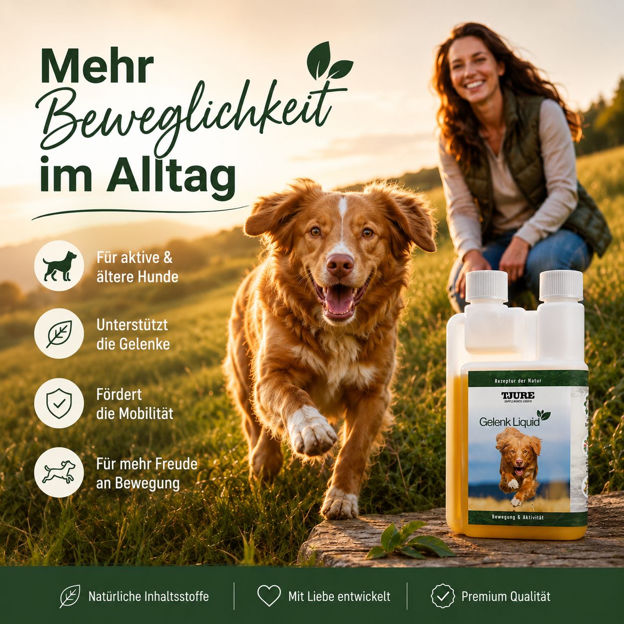 Ein Hund rennt auf einer Wiese, daneben eine Flasche Tjure Gelenk Liquid.