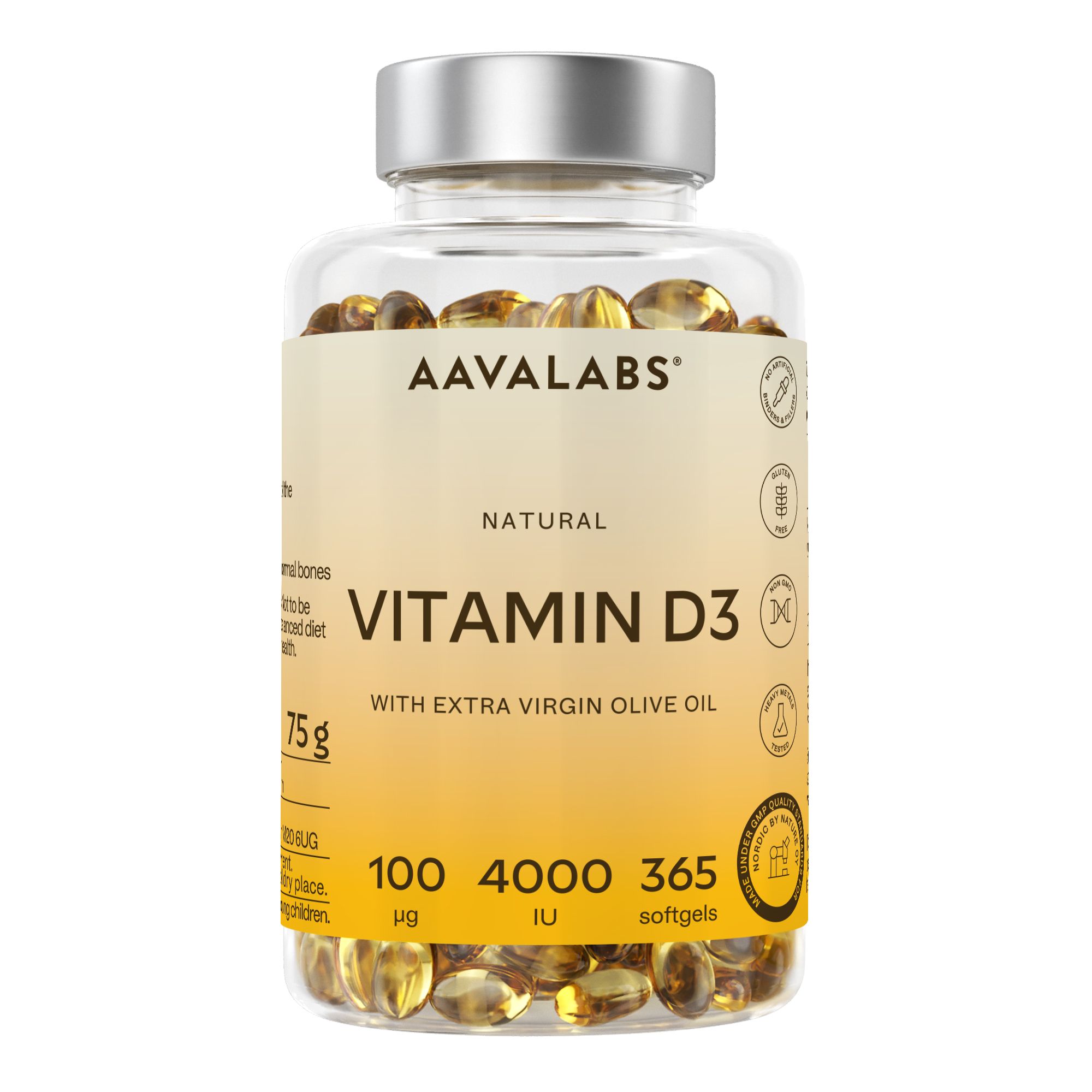 Klare Flasche mit gelben Softgels. Aufkleber mit "AAVALABS", "Vitamin D3", 4000 IE und 365 Softgels.