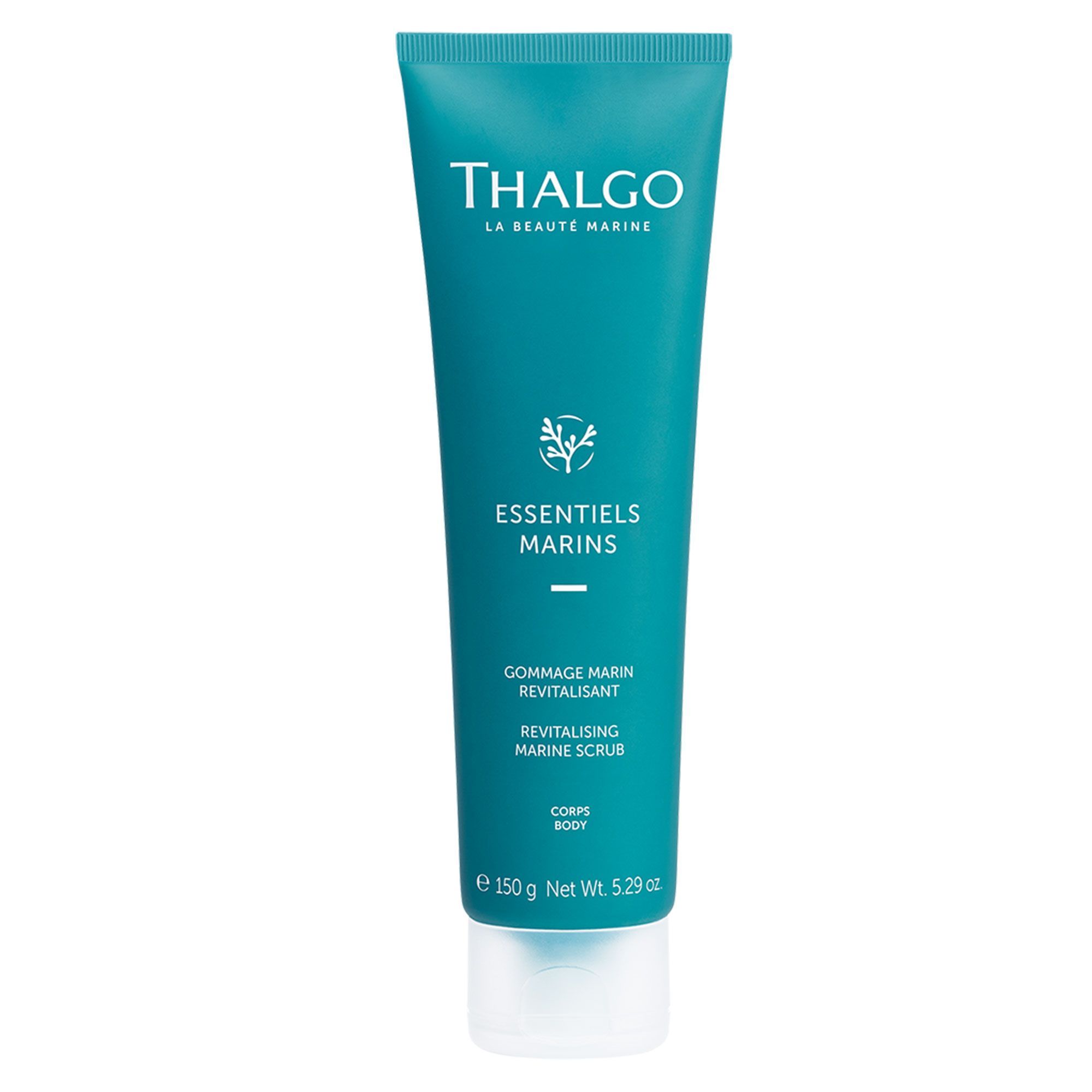 Türkisfarbene Tube mit weißem Deckel. Aufschrift: THALGO, ESSENTIELS MARINS, Gommage Marin Revitalisant, Revitalizing Marine Scrub. 150g.