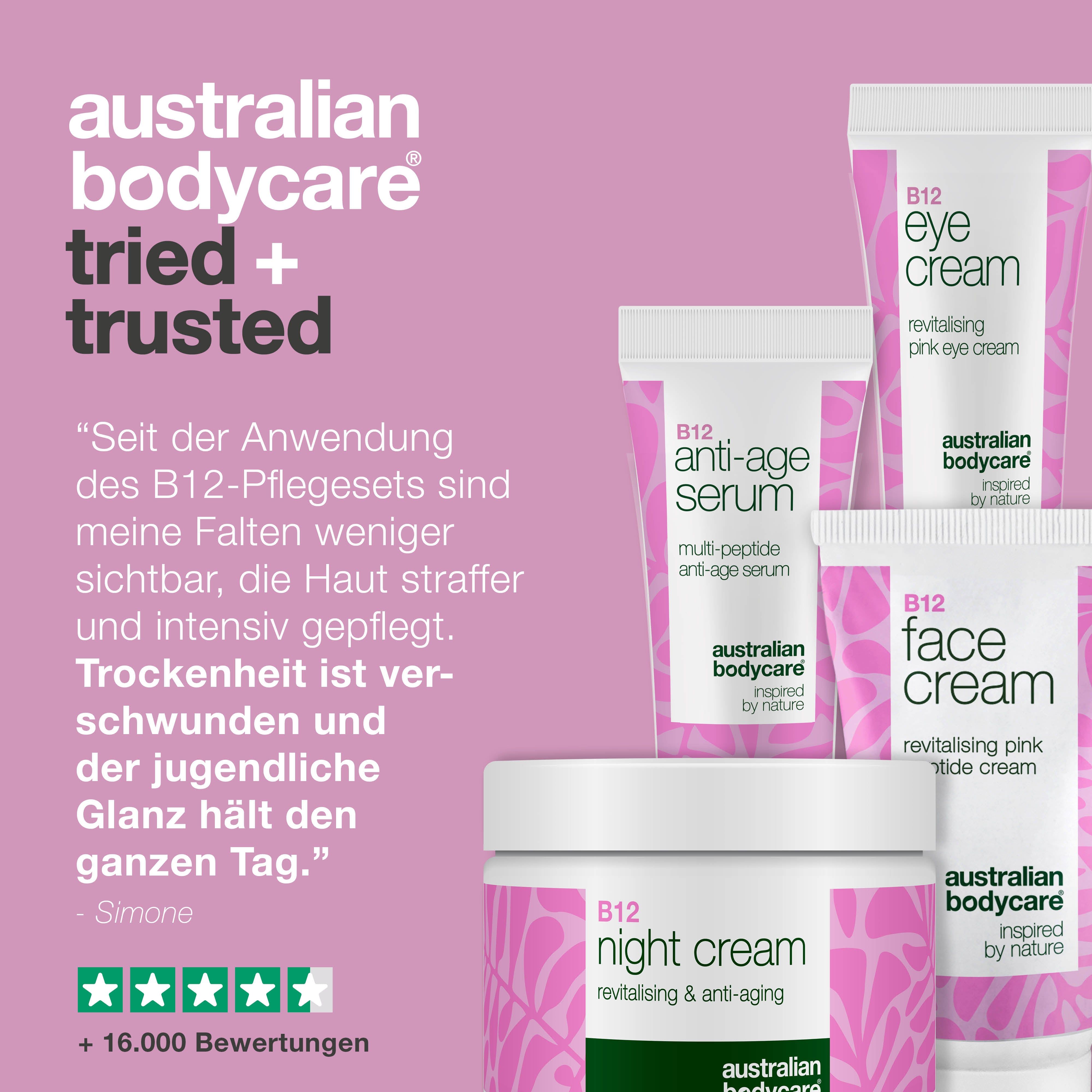 Produkte: Augen-, Anti-Age-Serum-, Gesichts- und Nachtcreme. Text: Australian Bodycare tried + trusted. Zitat.