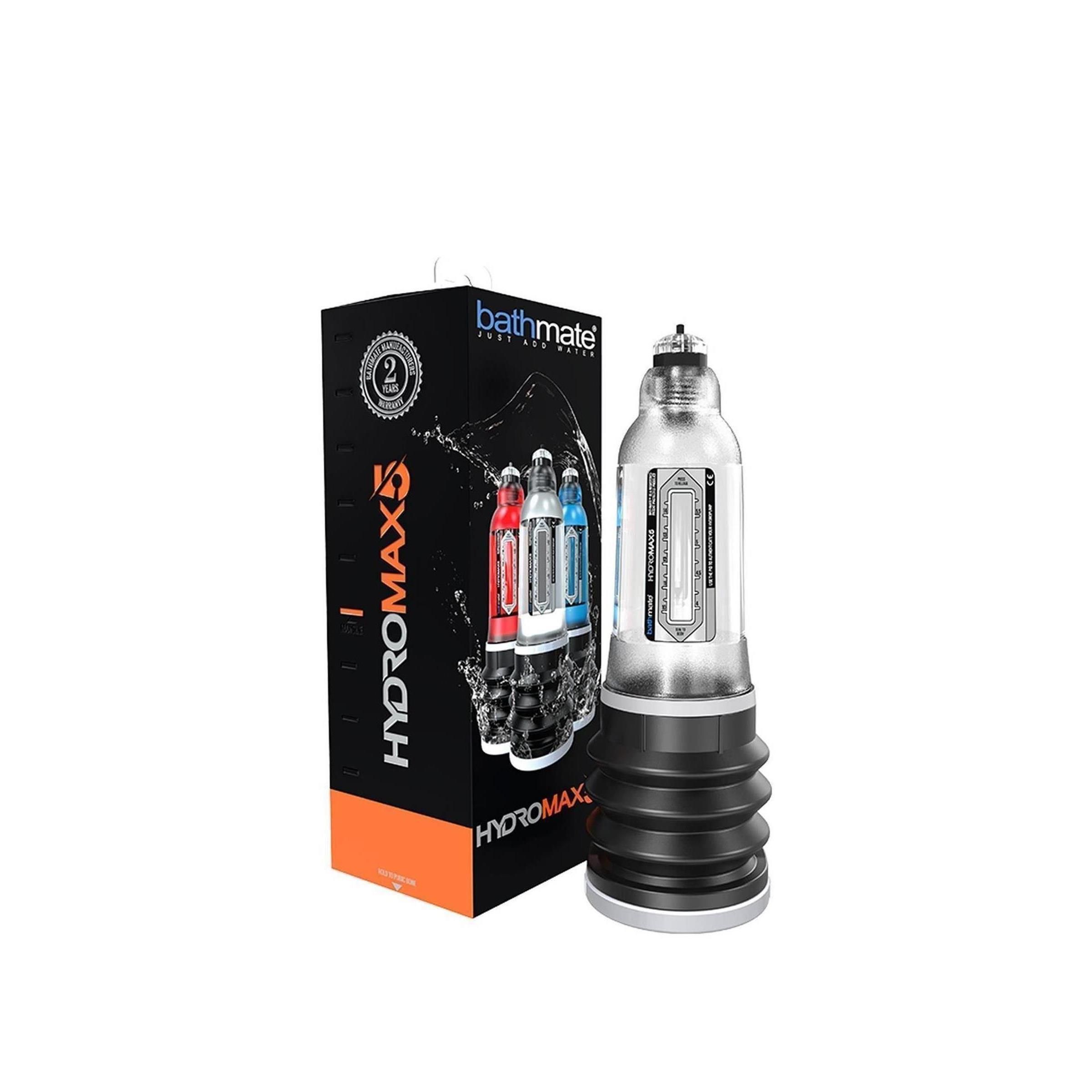 Transparente Pumpe mit schwarzem Faltenbalg und Verpackung. Auf der Verpackung steht "Hydromax5" und "Bathmate".