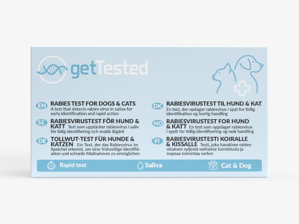 GetTested Tollwut-Test für Hunde & Katzen. Verpackung mit Produktinformationen und Logo. Für Speichelproben.