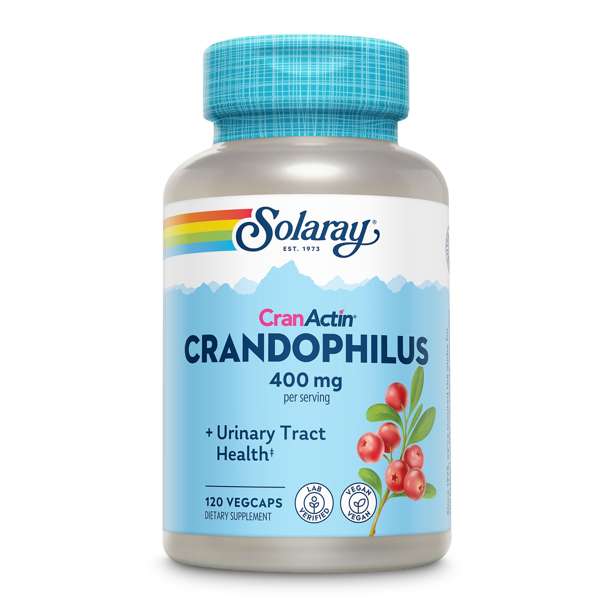 Solaray CranDophilus-Flasche. 120 Vegicaps. Aufschrift: CranActin, 400 mg pro Portion. + Gesundheit der Harnwege. Vegan-Siegel.