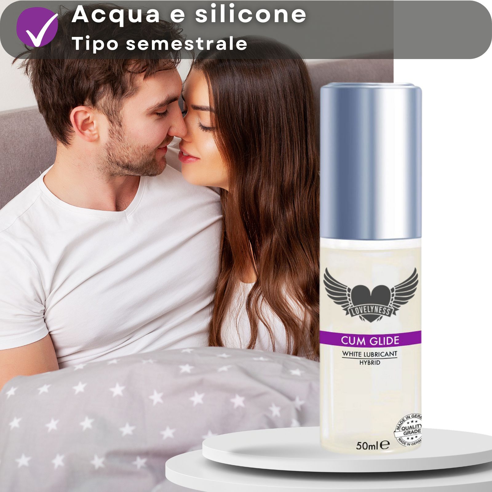 Gleitgel-Flasche. Text: Cum Glide, White Lubricant Hybrid. Aufschrift: Lovelyness. Frau mit Blume.