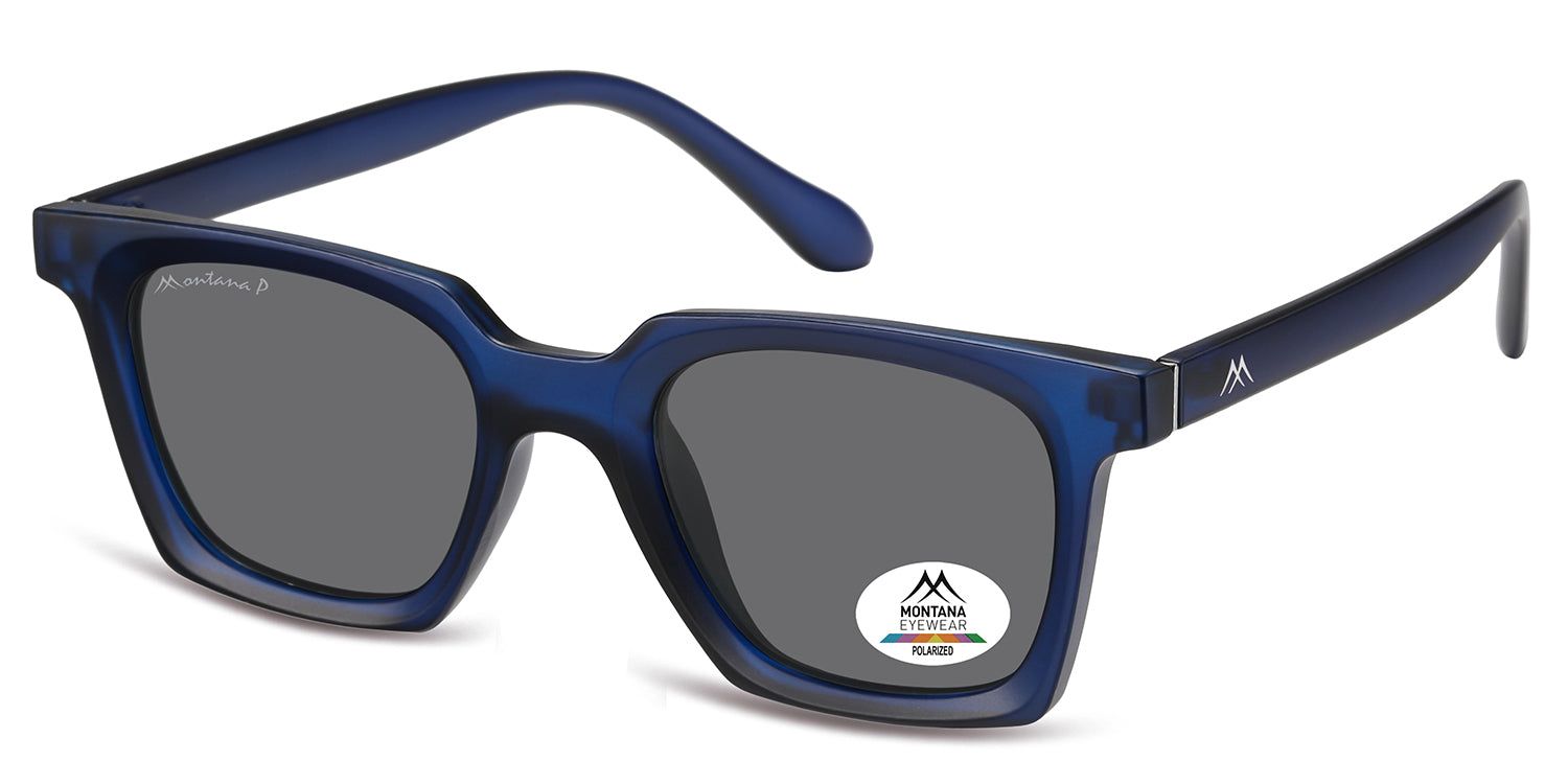 Blaue Sonnenbrille, schräg von der Seite gesehen. Auf einem Glas ist ein Aufkleber mit Logo und der Aufschrift 'Polarized' zu sehen.