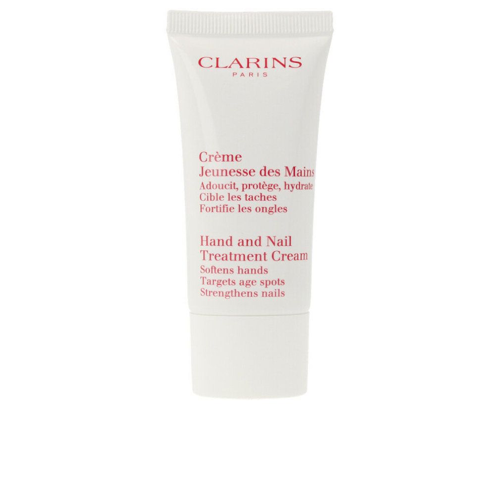 Weiße Tube Clarins Hand & Nail Treatment Cream. Roter Schriftzug: Crème Jeunesse des Mains, Hand and Nail Treatment Cream.