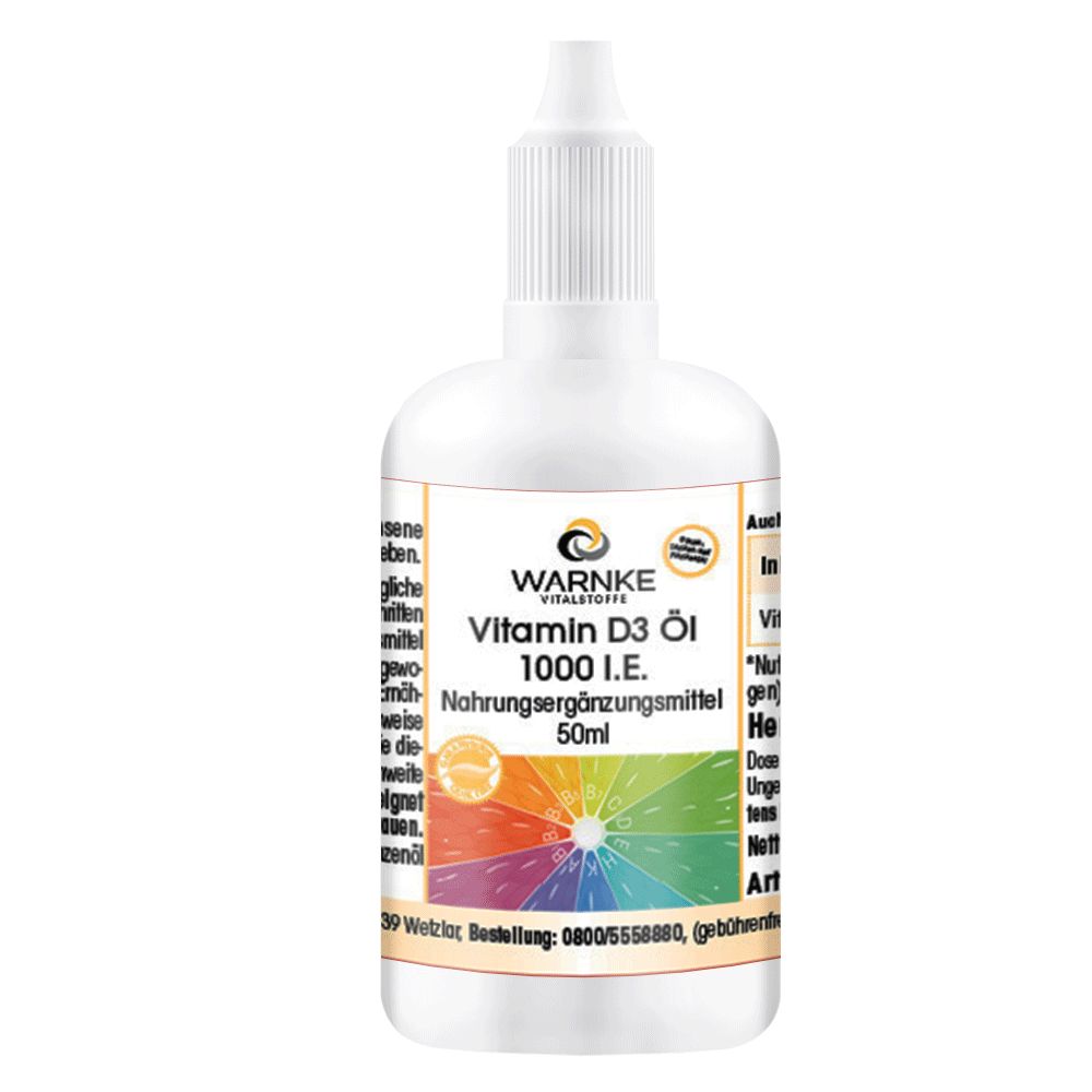 Weiße Flasche mit Dosierer. Aufschrift: Warnke Vitalstoffe Vitamin D3 Öl, 1000 I.E., Nahrungsergänzungsmittel.
