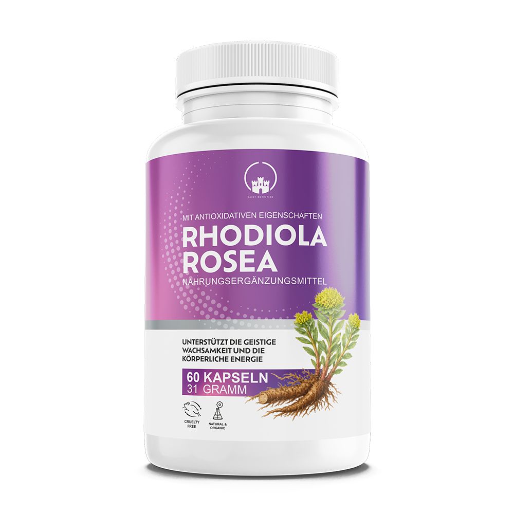 Produktflasche mit lila Etikett. Text: Rhodiola Rosea, Nahrungsergänzungsmittel. 60 Kapseln, 31 Gramm. Mit Pflanzenabbildung.