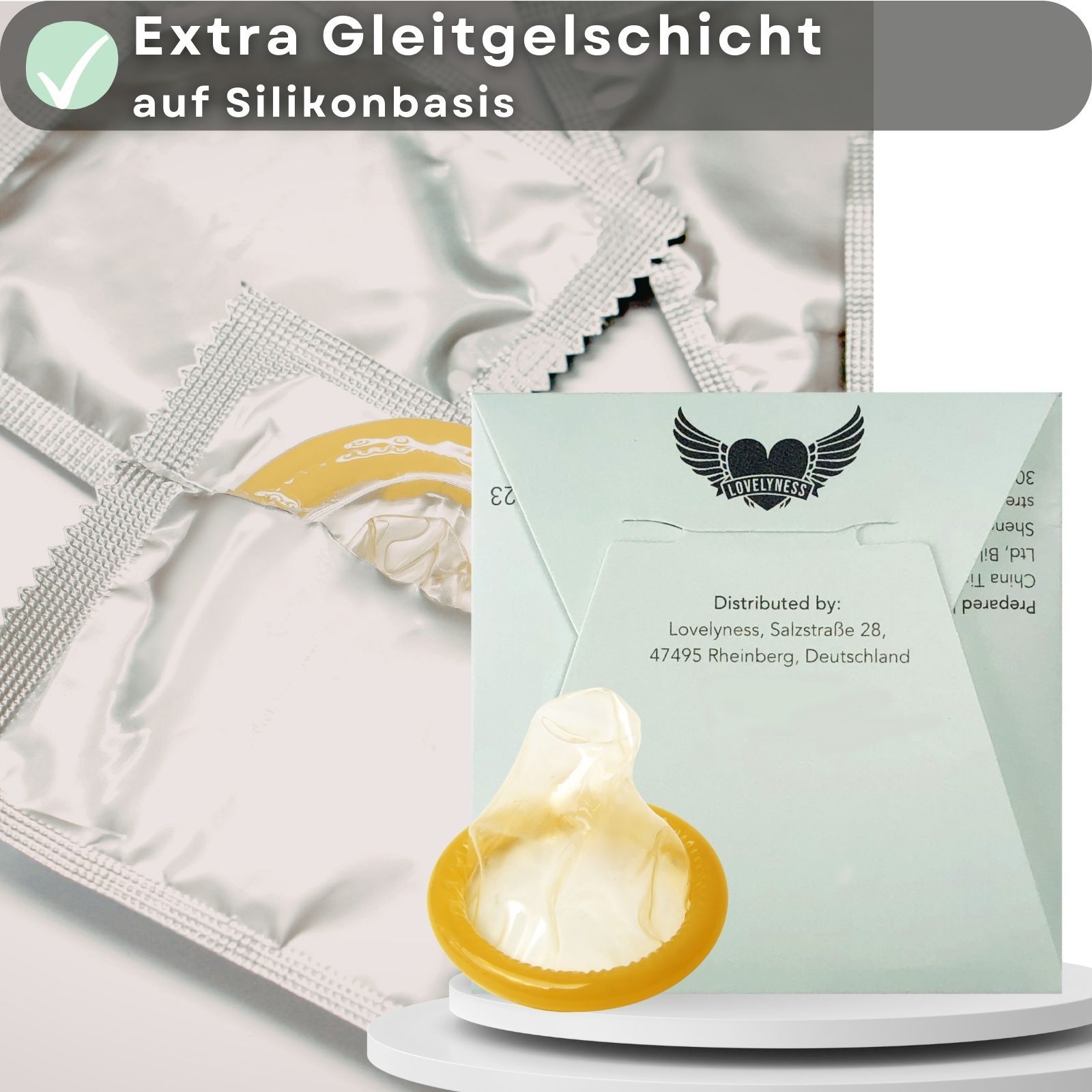 Kondom mit Noppen und Rippen. Extra Gleitgelschicht auf Silikonbasis. Einzeln verpackt.